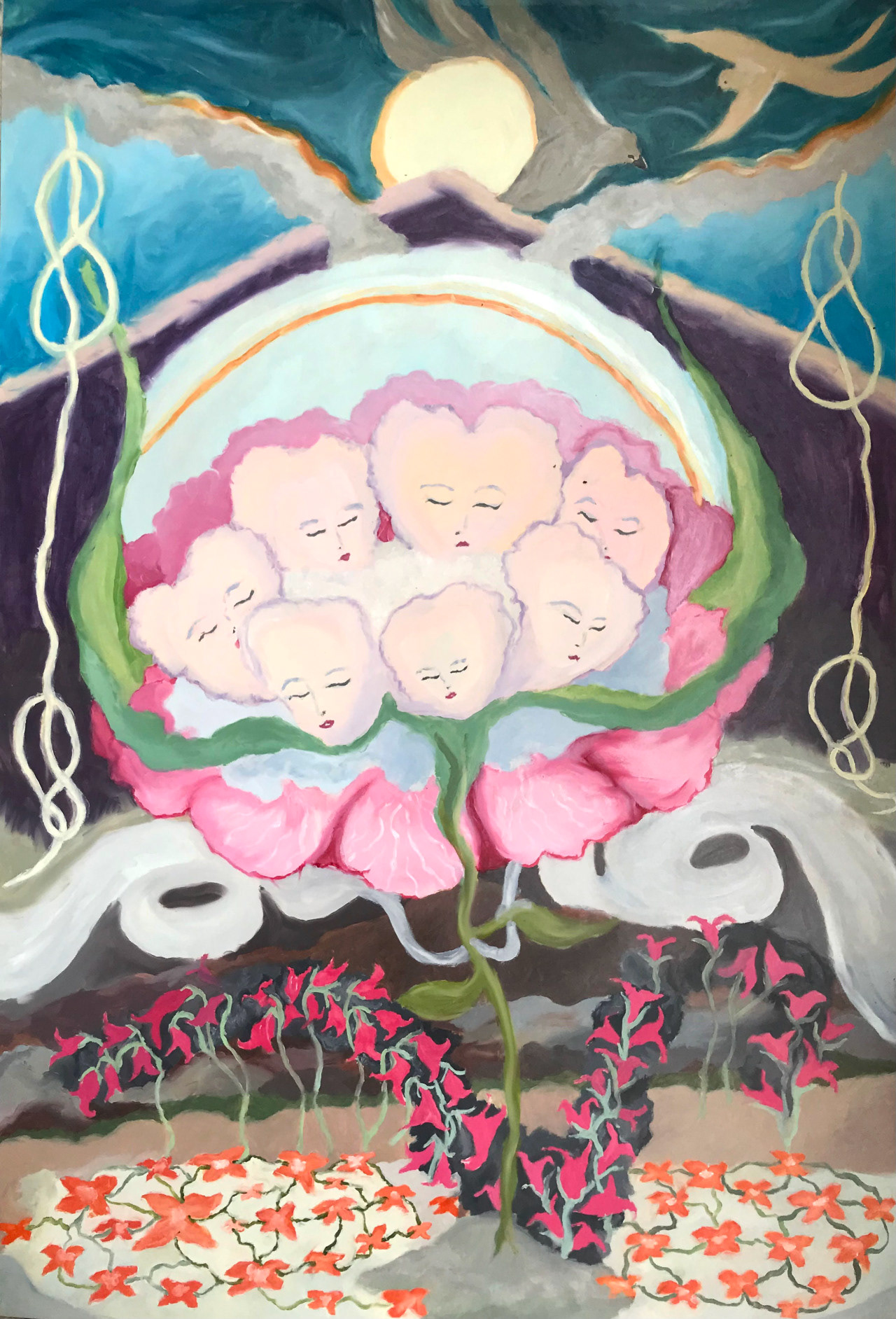 Je suis né d'un songe de la terre rêvant qu'elle s'unissait au ciel, peinture à l'huile, La génétique des larmes, série de peintures à l'huile, 65 x 100 cm