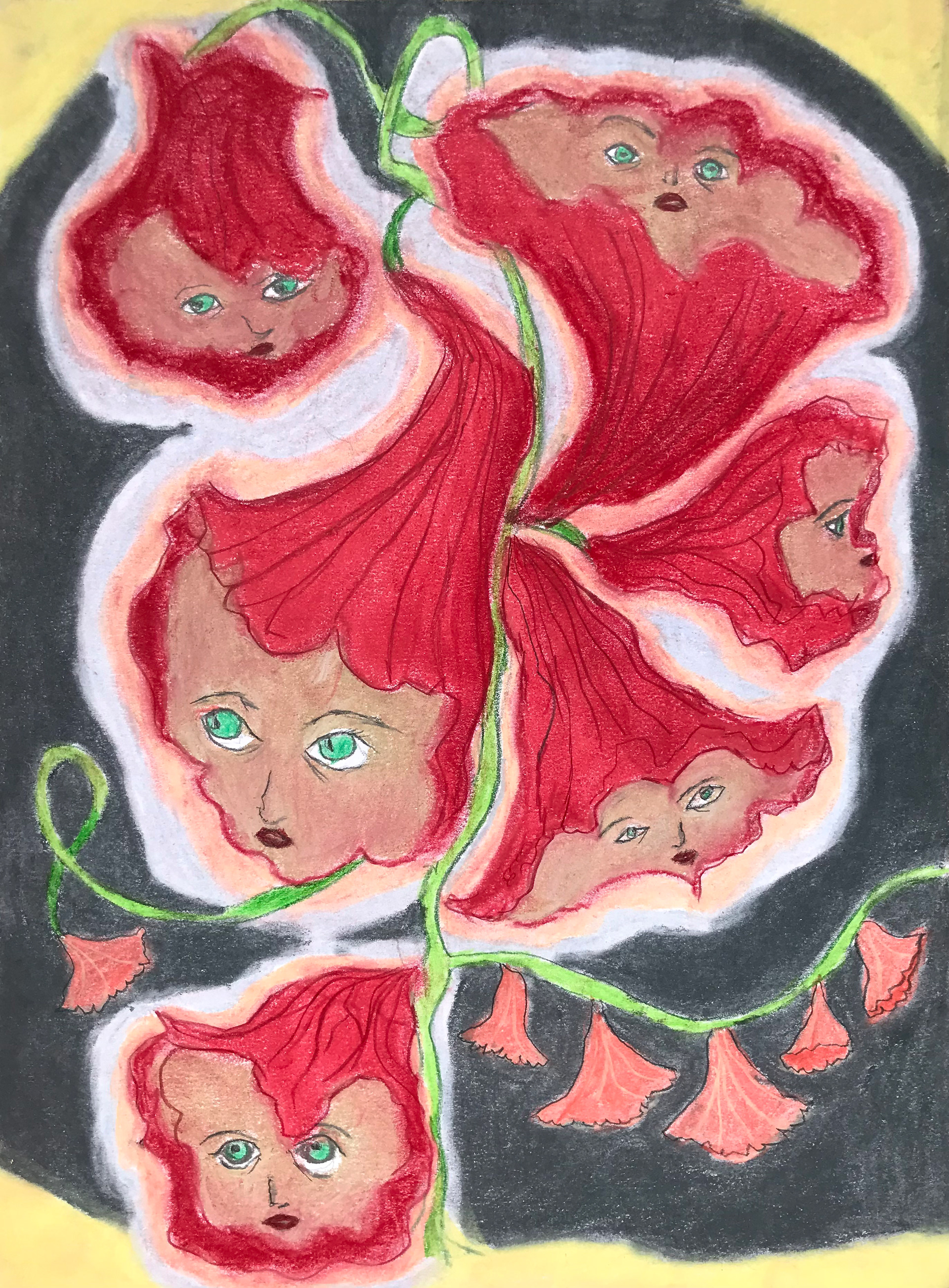 Six visages, pastels secs et mine graphite, 21 x 29,7 cm