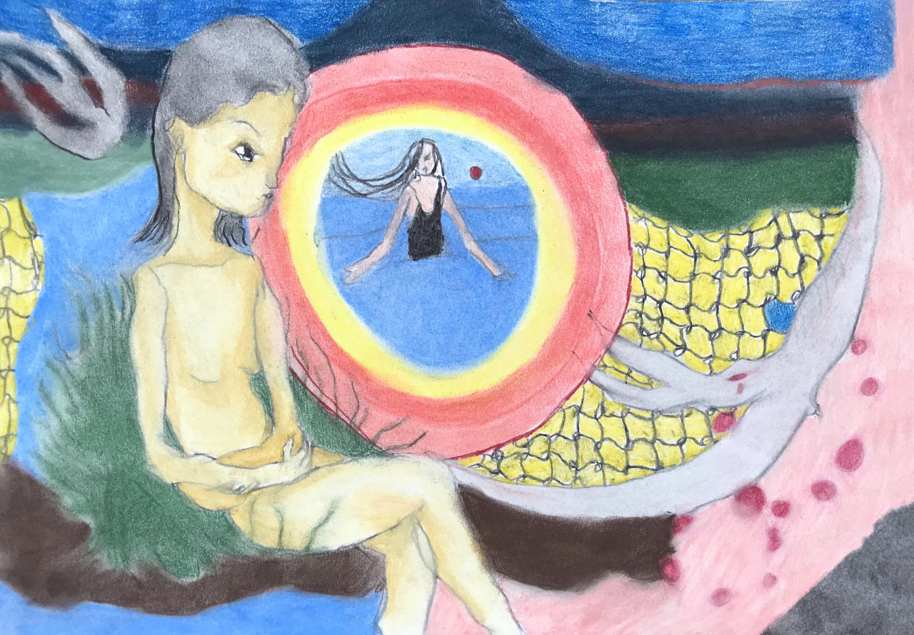 Torture de penser aux points d'eau, pastels secs, 42 x 29,7 cm
