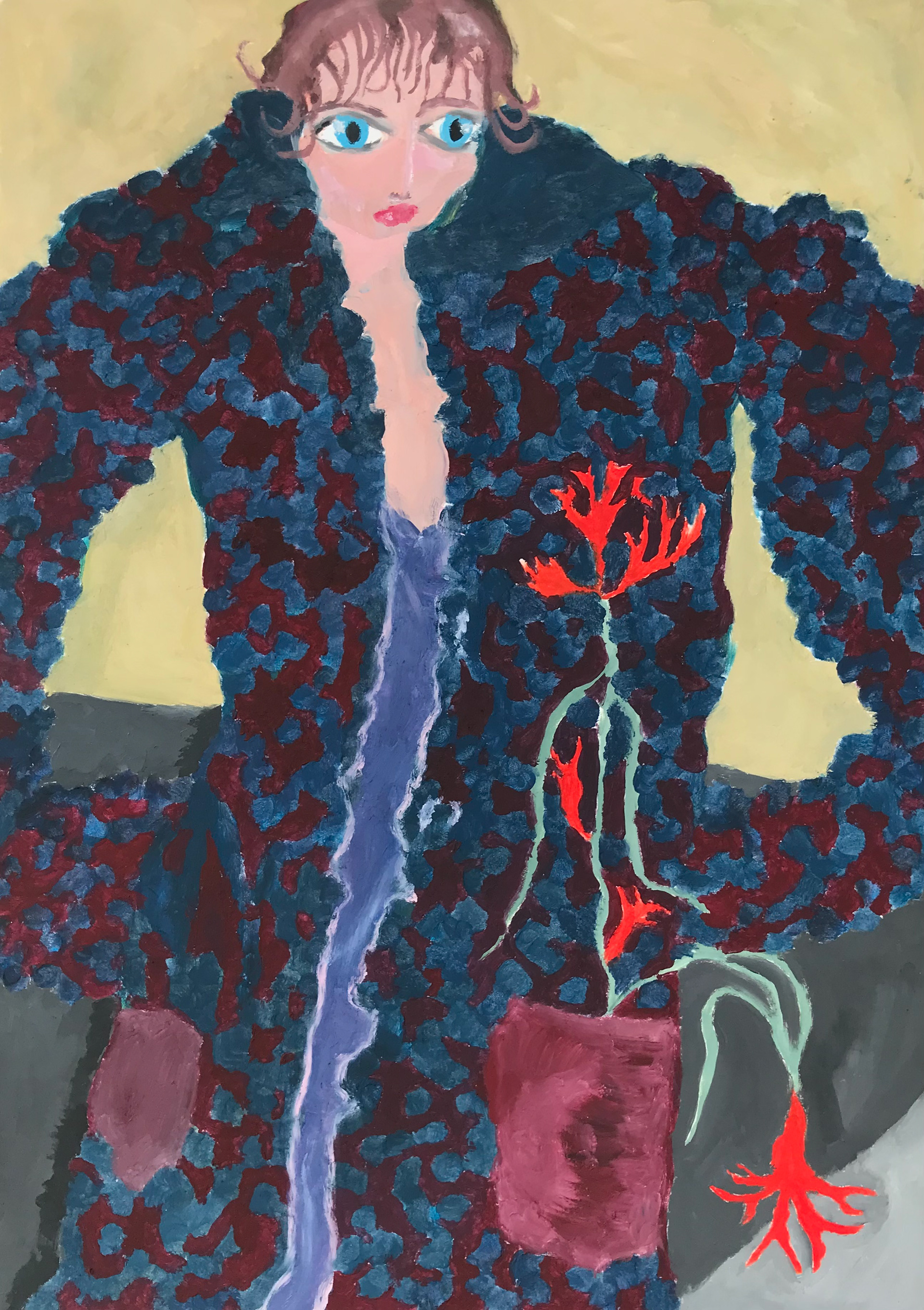 Fleur dans la poche, peinture à l'huile sur papier, 29,7 x 42 cm