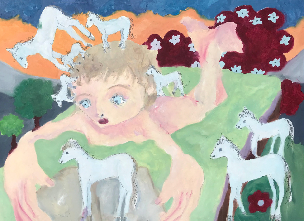 Cheval bleu, peinture à l'huile, 29,7 x 42 cm