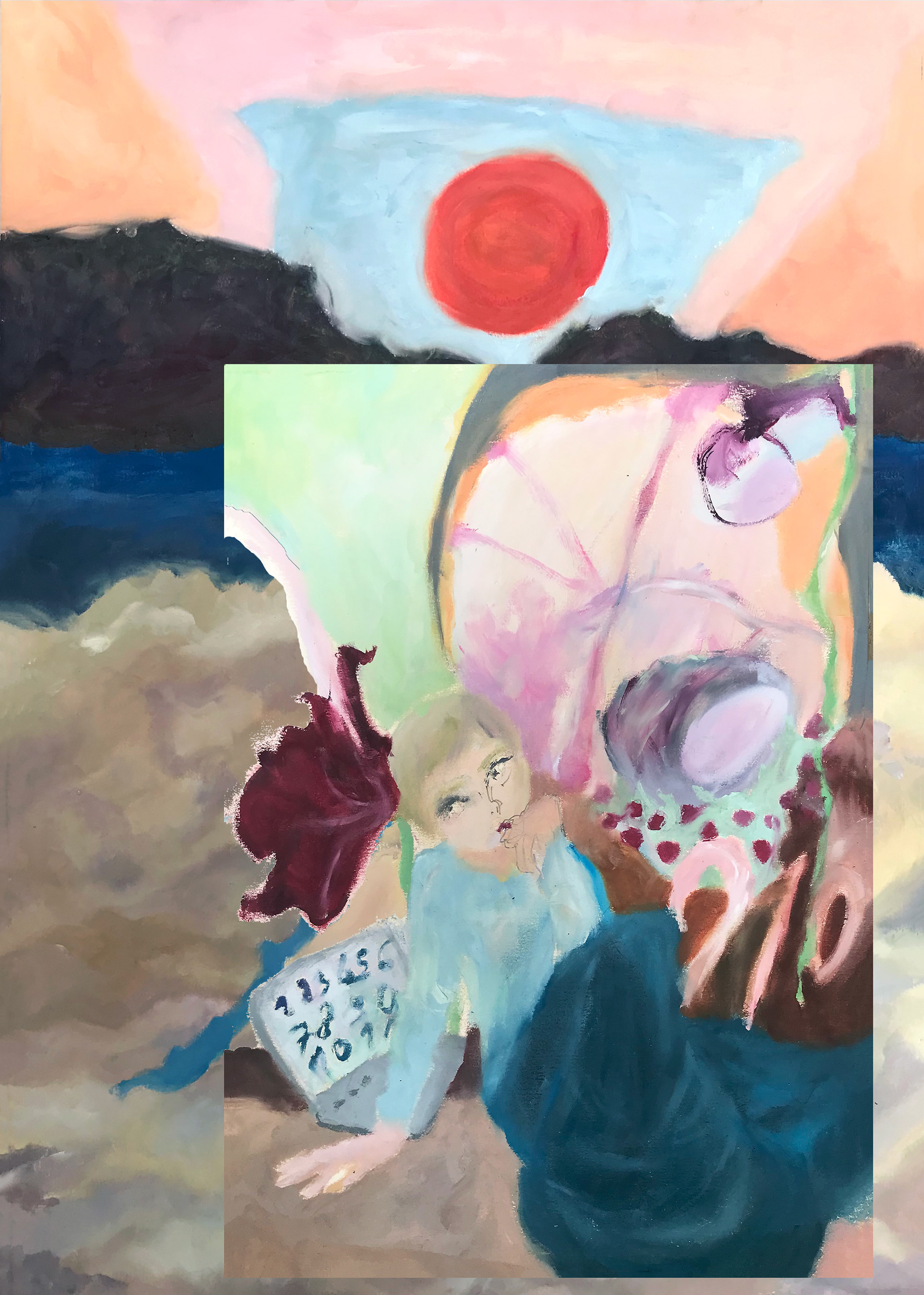 Routine, peinture à l'huile, collage, 29,7 x 42 cm
