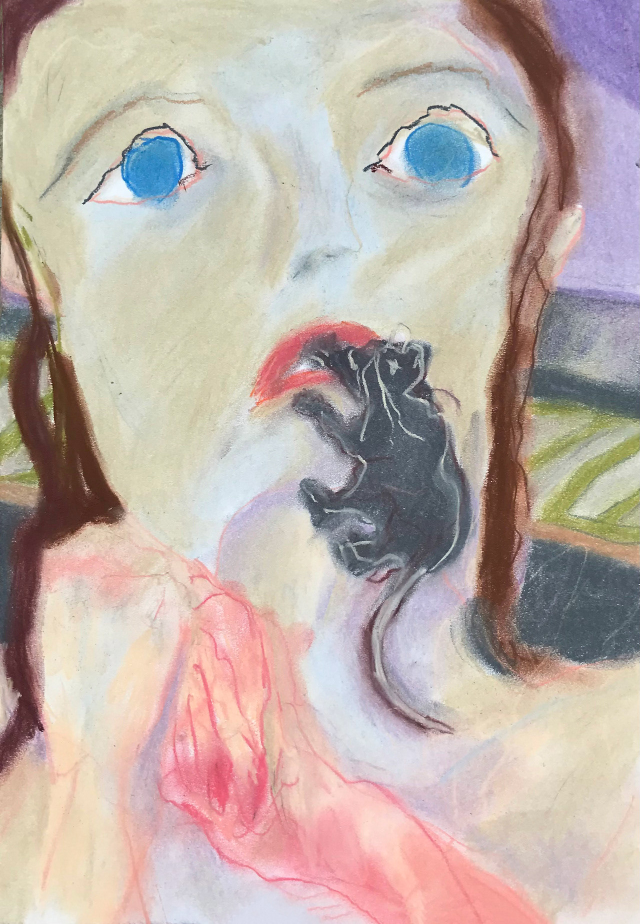Un rat me saute au visage, pastels secs, 21 x 29,7 cm