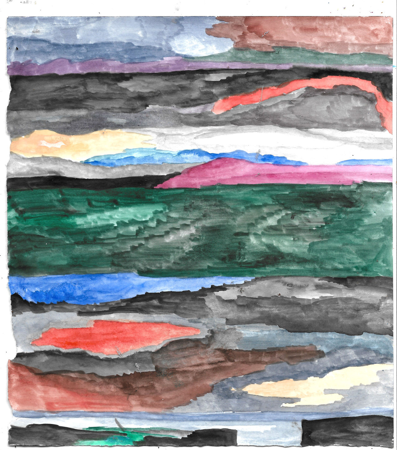 Terre, eau, terre, ciel, aquarelle, 15 x 20 cm