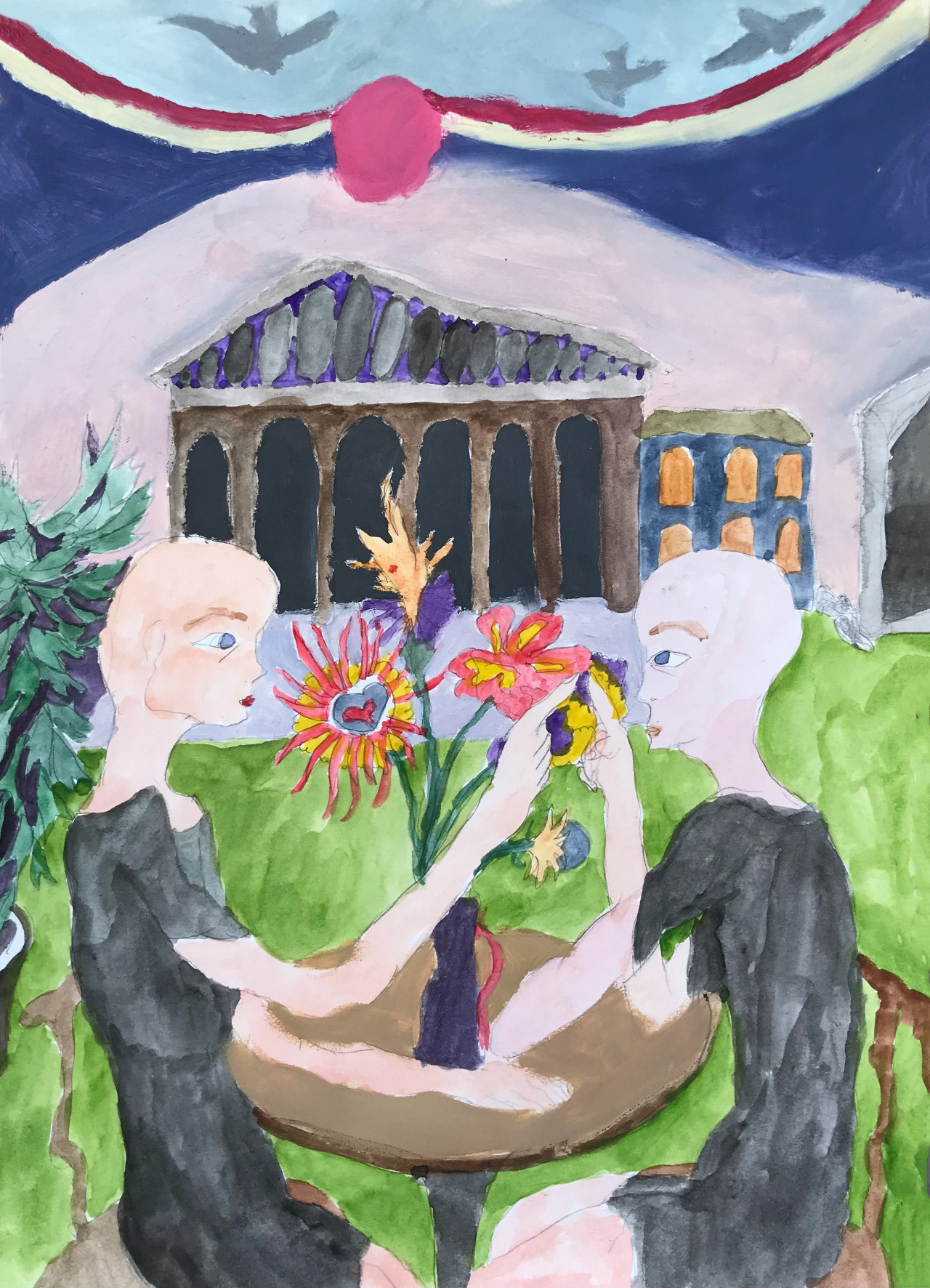 Le beau temps donne envie d'aimer, aquarelle et peinture à l'huile, 21 x 29,7 cm