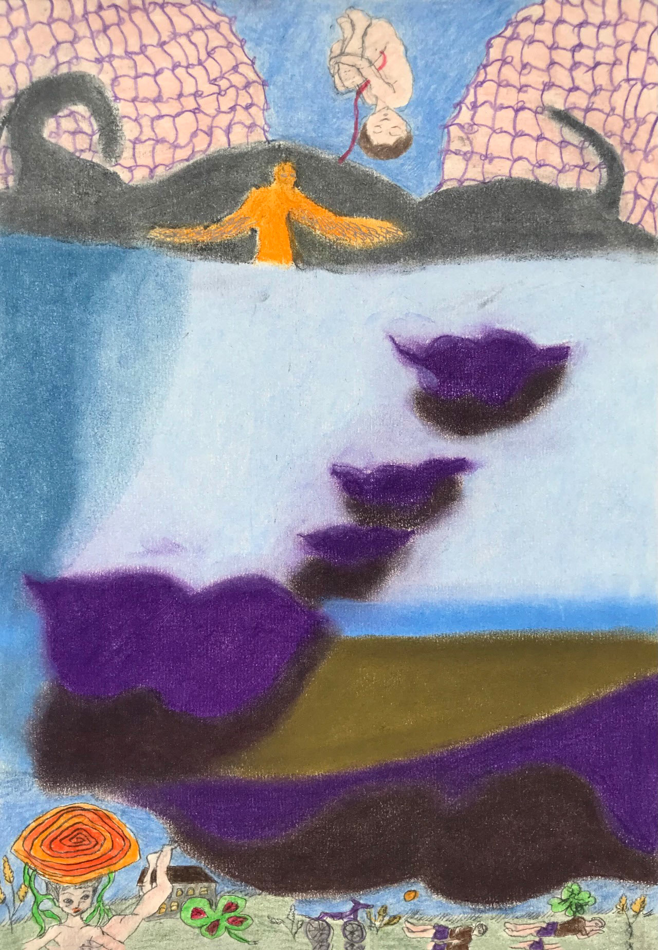 Premier cri, pastels secs et crayons de couleur, 21 x 29,7 cm