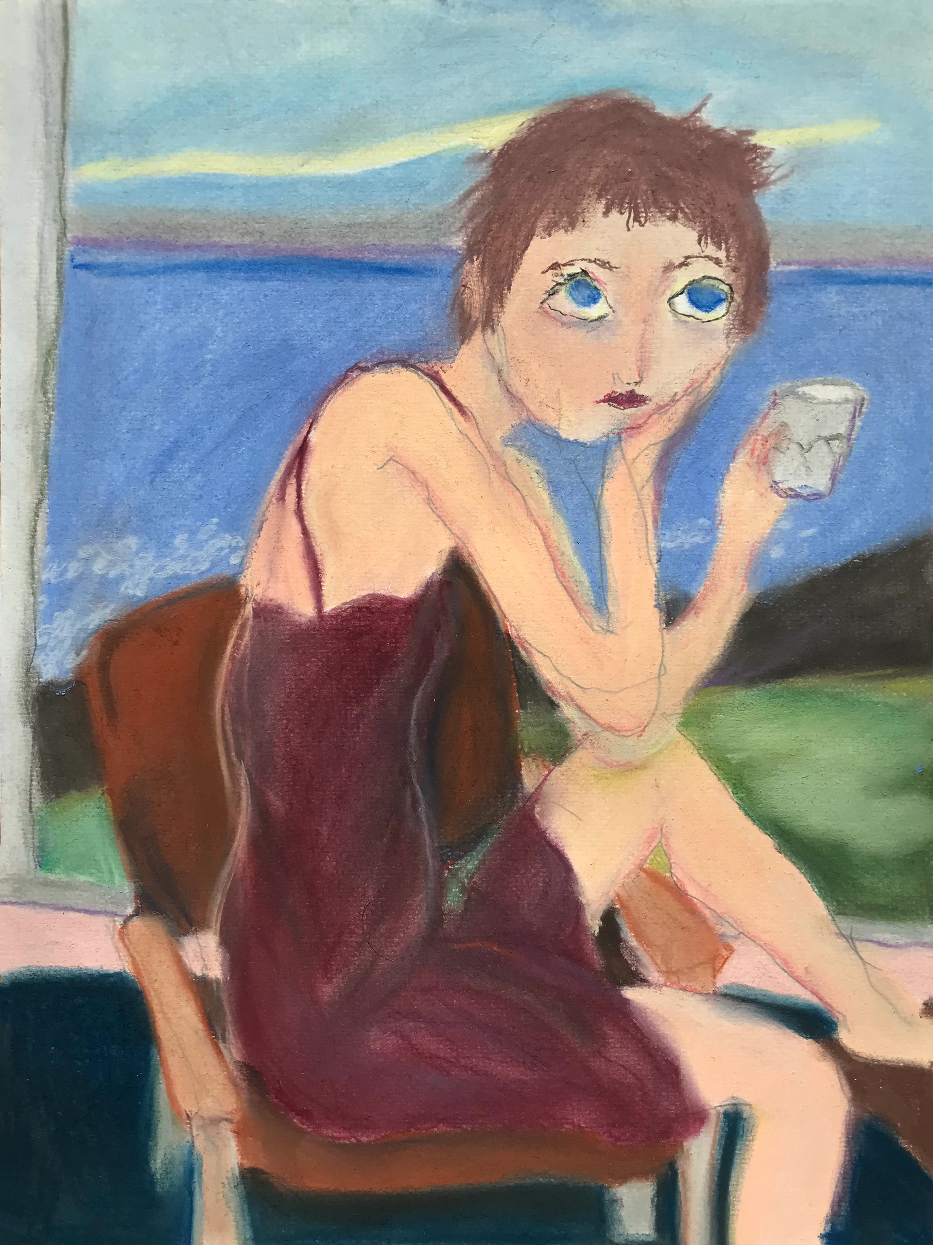 Fuite vers l'eau, pastels secs et mine graphite, 21 x 29,7 cm