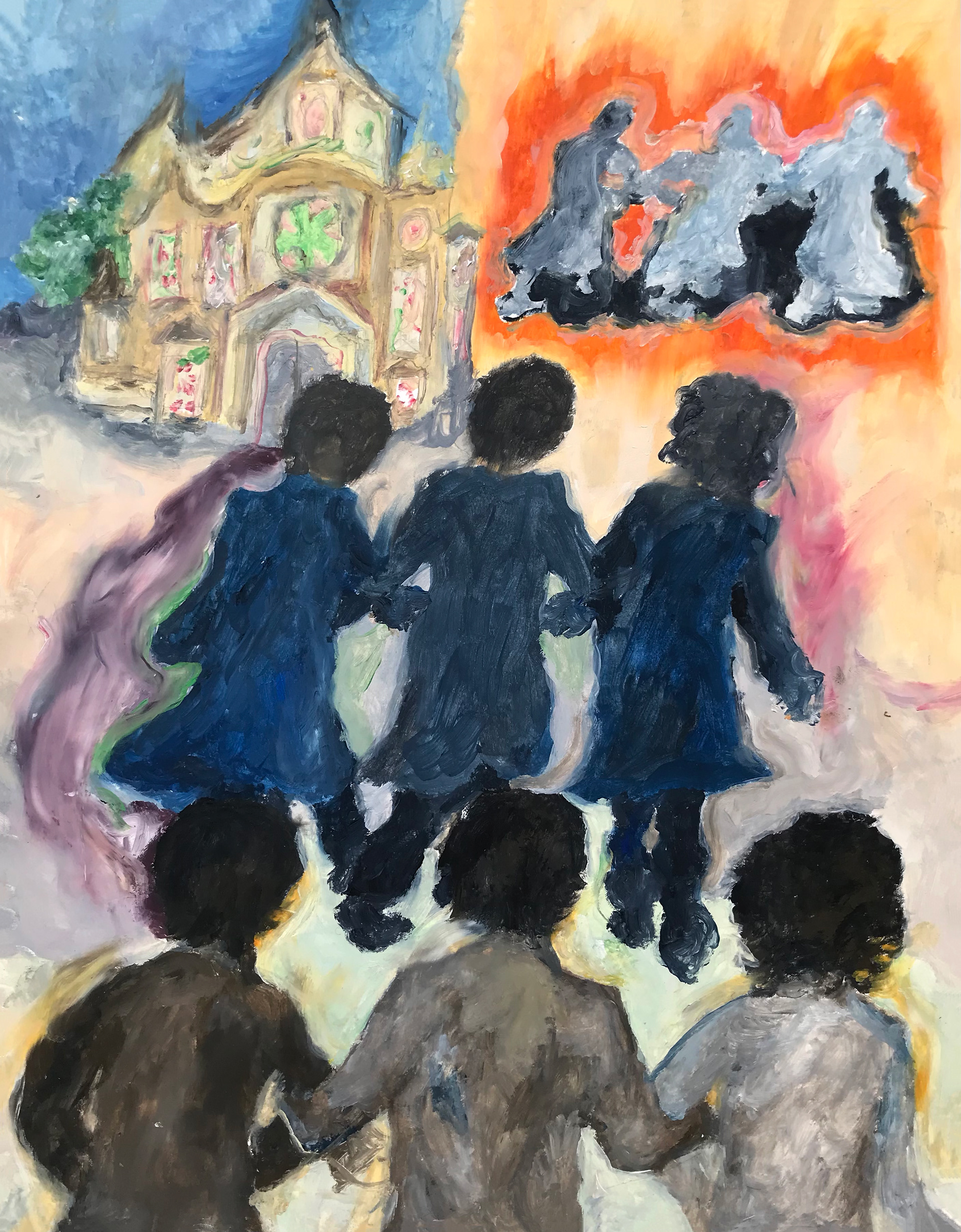 Bras dessus bras dessous, peinture à l'huile sur papier, 29,7 x 38,3 cm