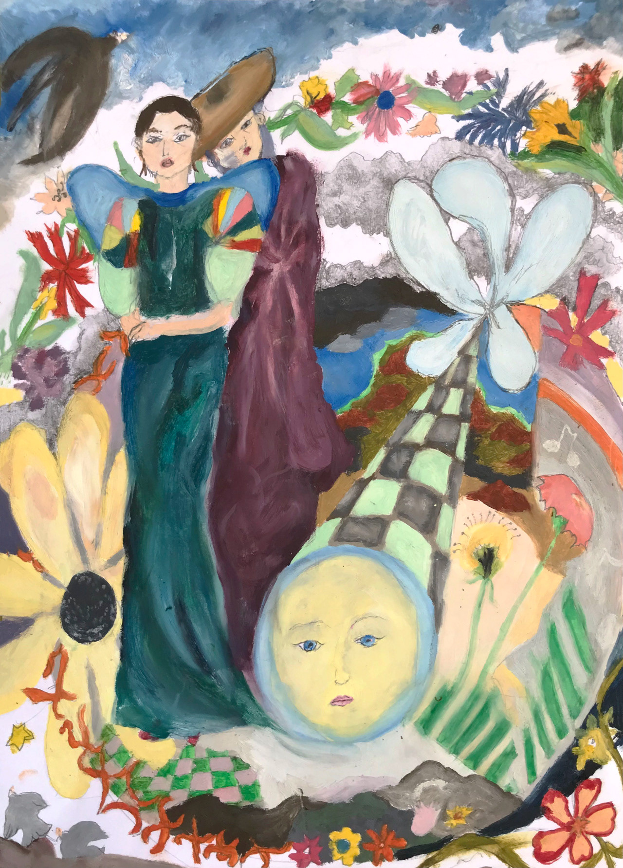Les petits oiseaux artificiels, peinture à l'huile et graphite sur papier, 21 x 29,7 cm