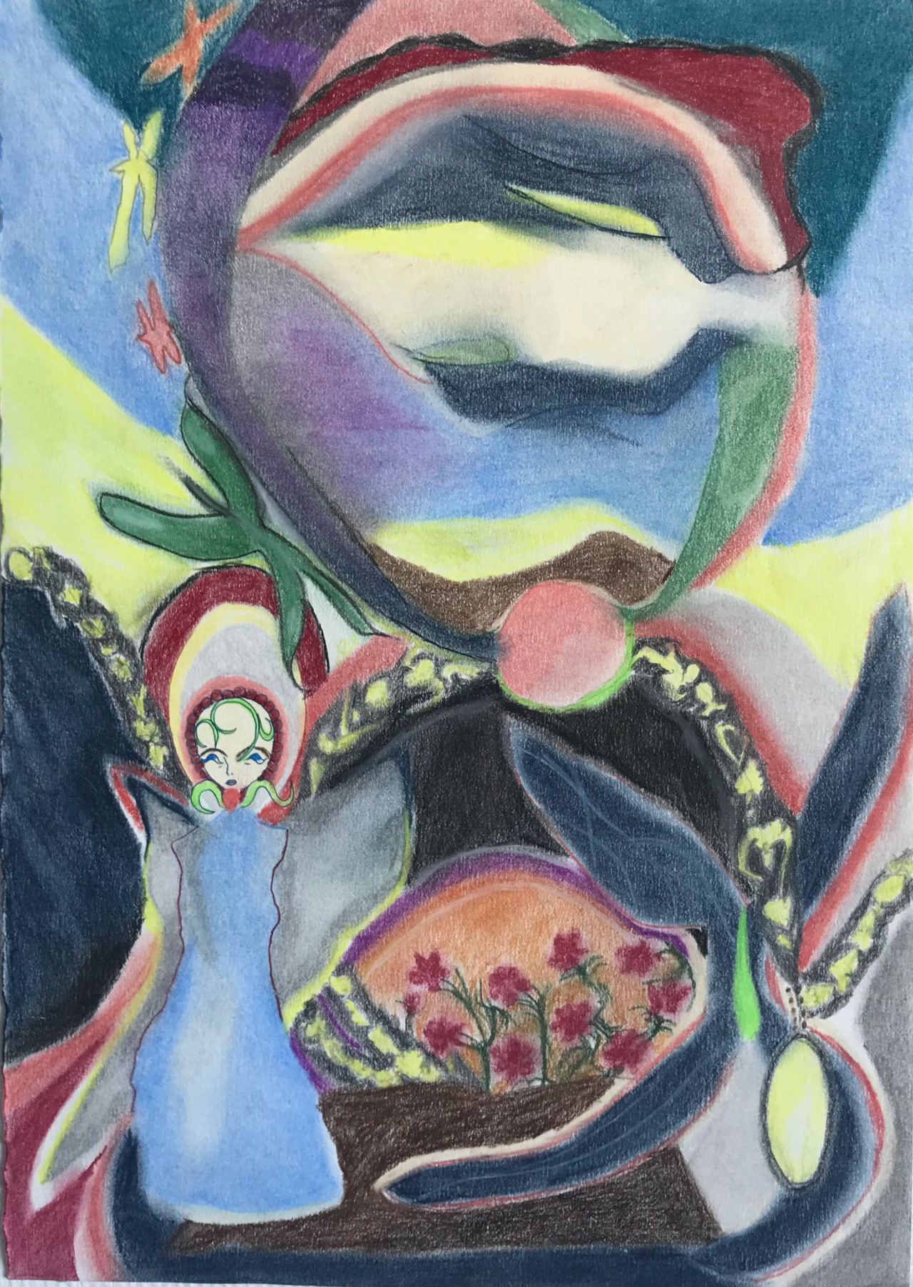 Messagers, crayons pastels, 21 x 29,7 cm