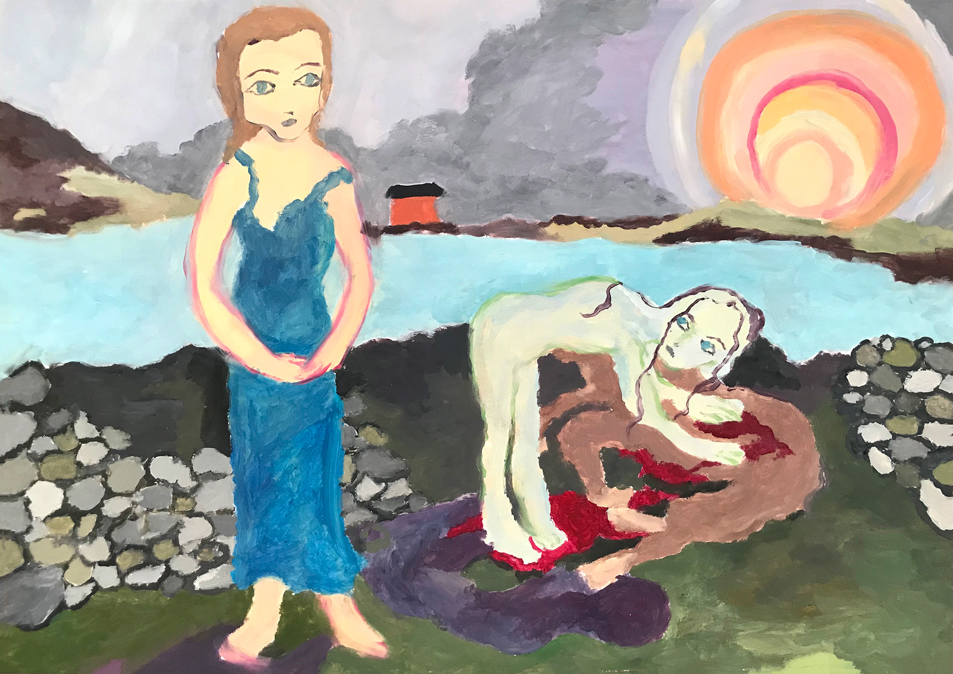 Mère et fille sur l'île des non-dits, peinture à l'huile, 42 x 29,7 cm
