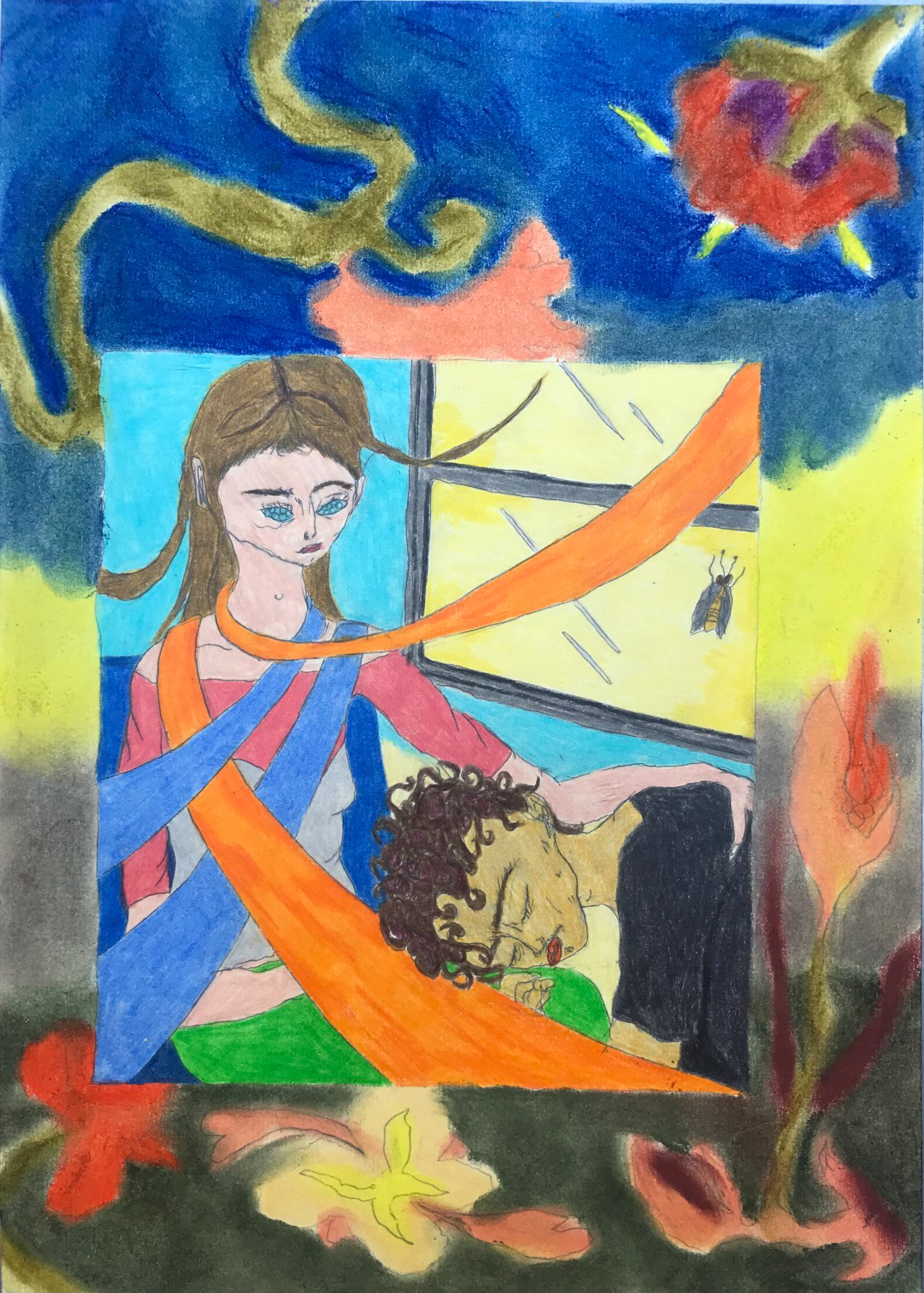 Tendresse, pastels secs et crayons de couleur, 21 x 29,7 cm