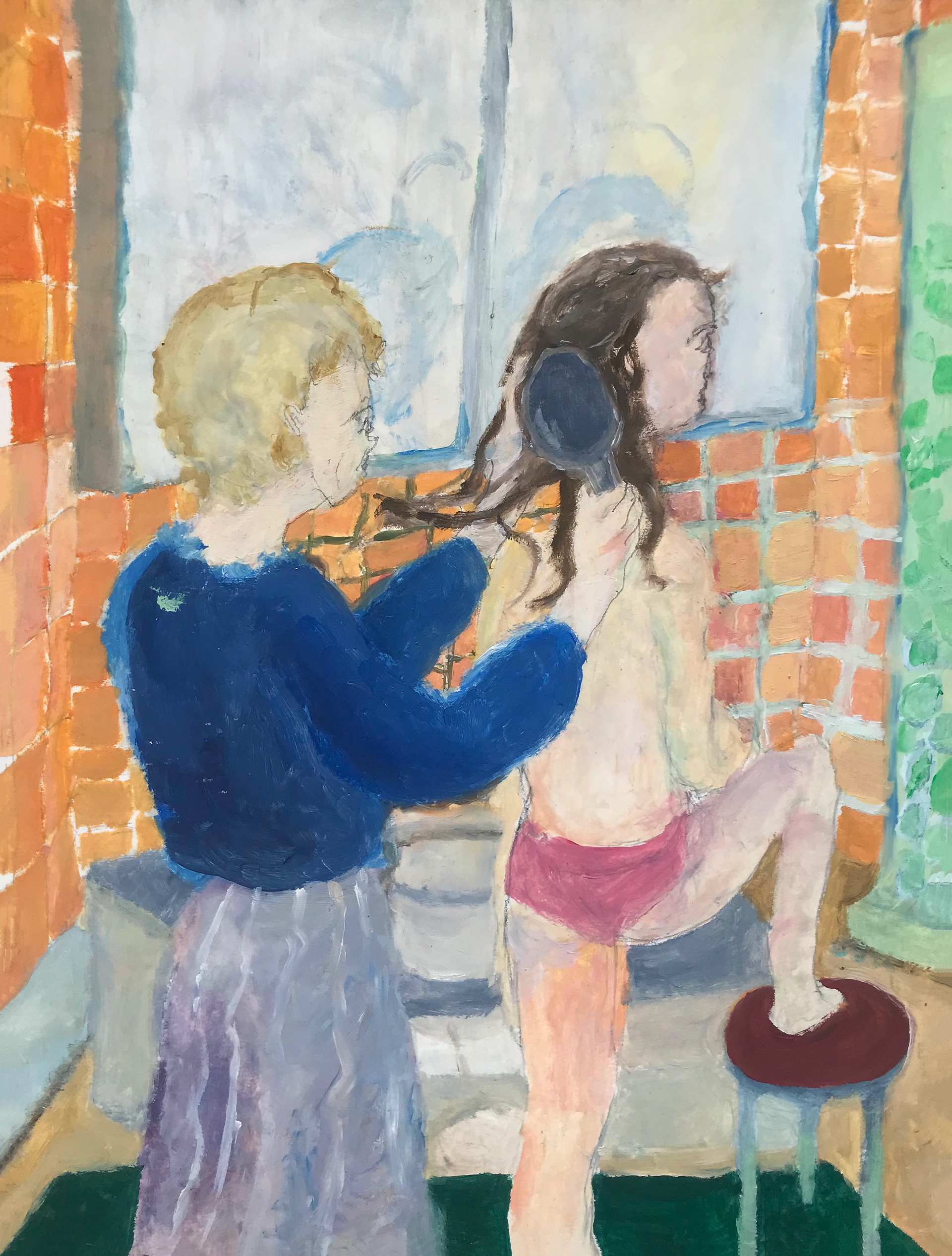 Mamie peignait mes cheveux, peinture à l'huile sur papier, 21 x 29,7 cm
