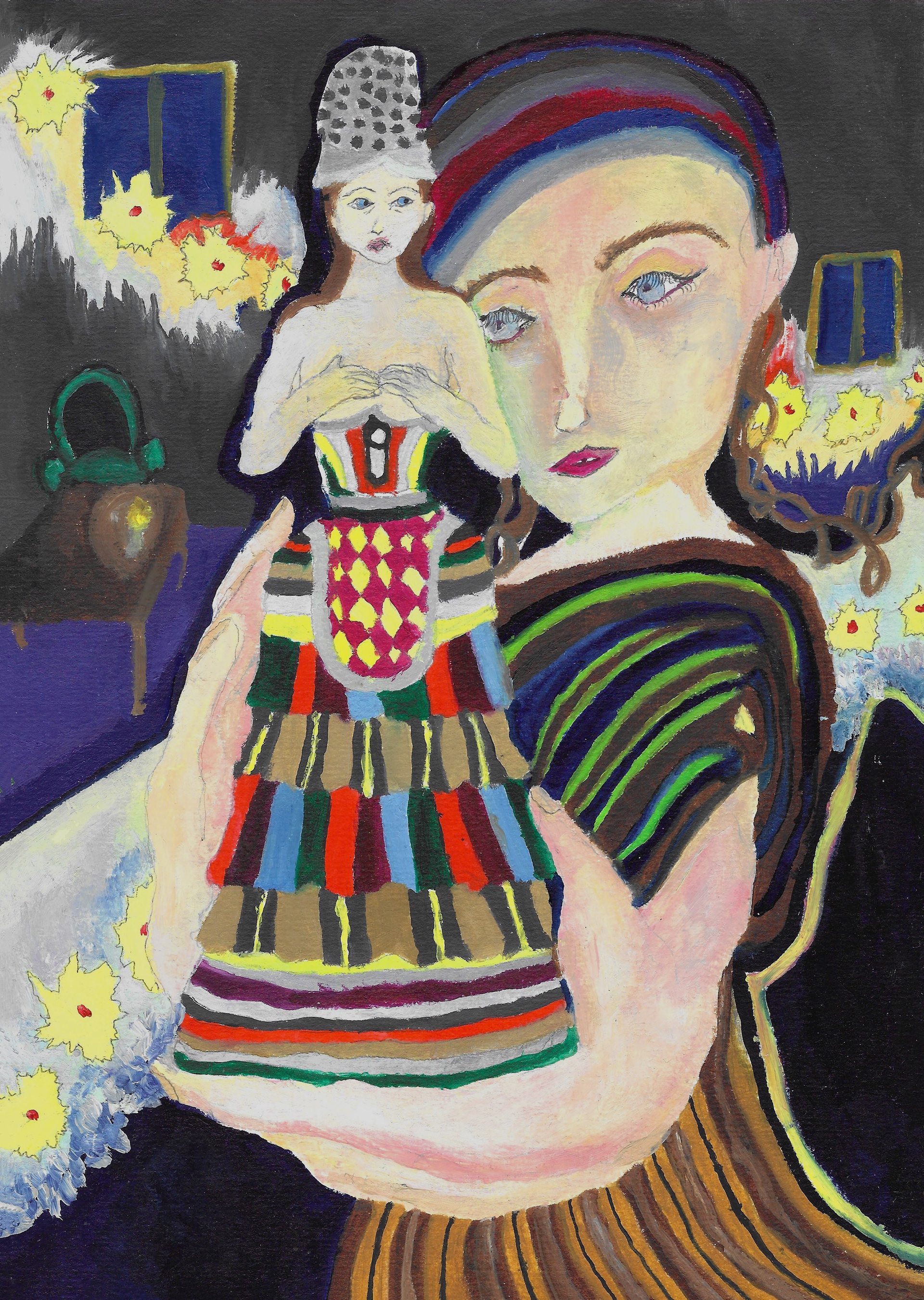 L'idole coiffée d'un dé à coudre, peinture à l'huile sur papier, 21 x 29,7 cm
