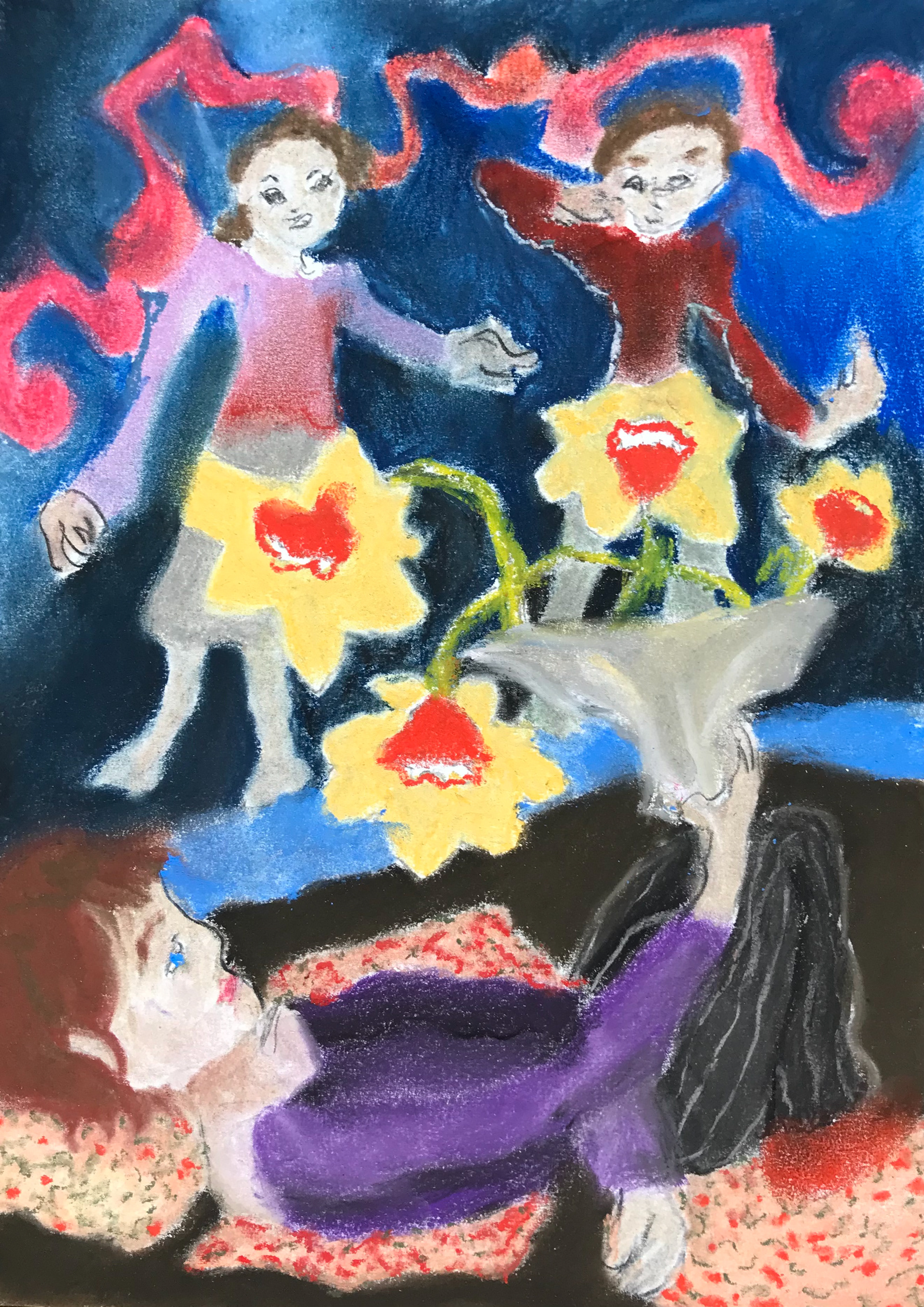 Deux soeurs et mon souci, pastels secs, 21 x 29,7 cm