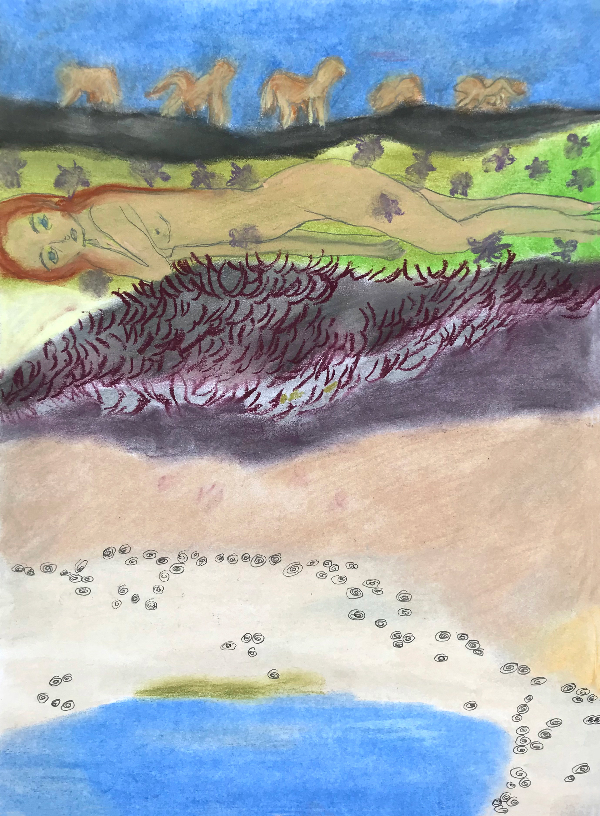 Au creux des dunes, pastels secs et mine graphite, 21 x 29,7 cm