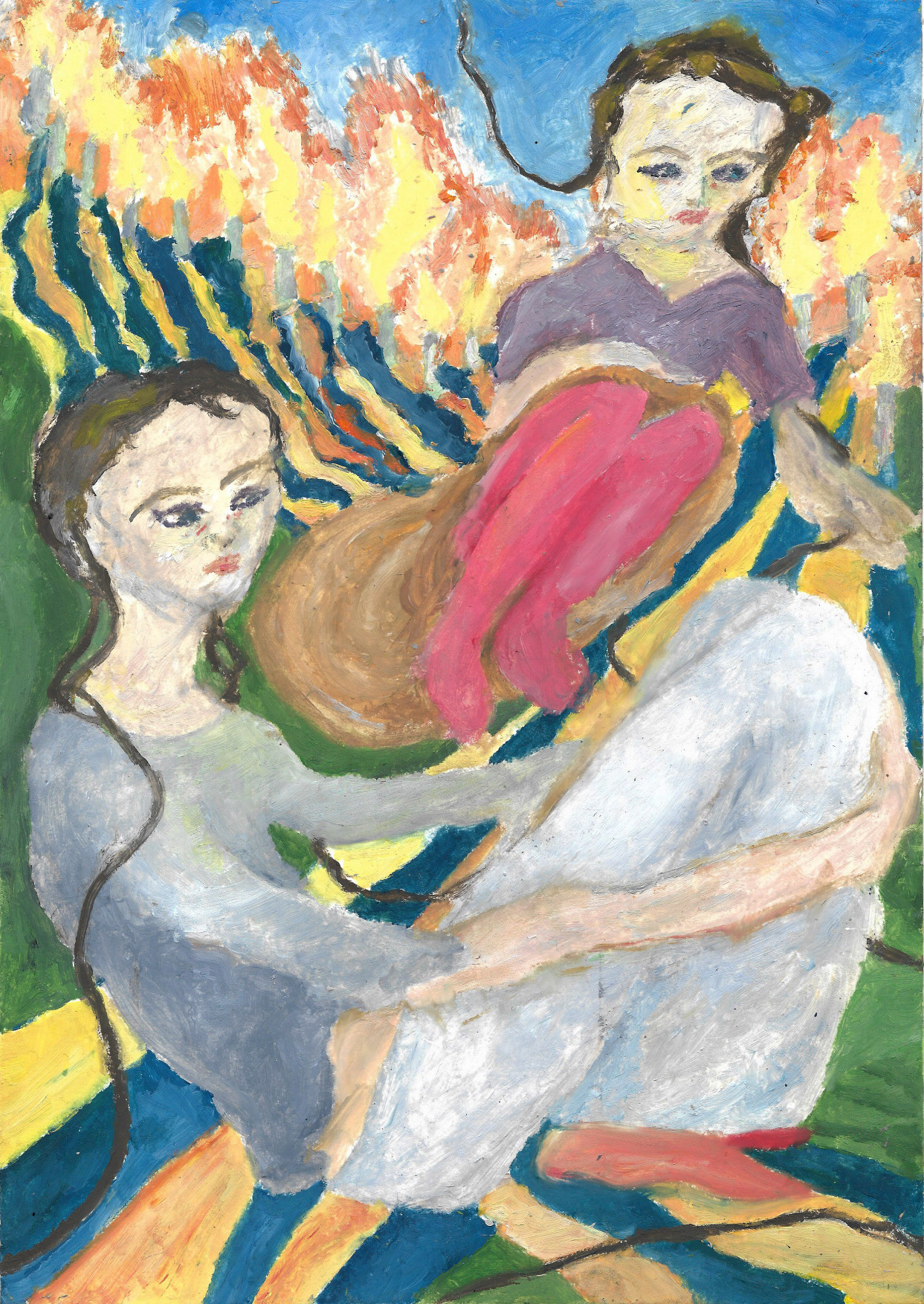 Les grandes pudiques, peinture à l'huile sur papier, 21 x 29,7 cm