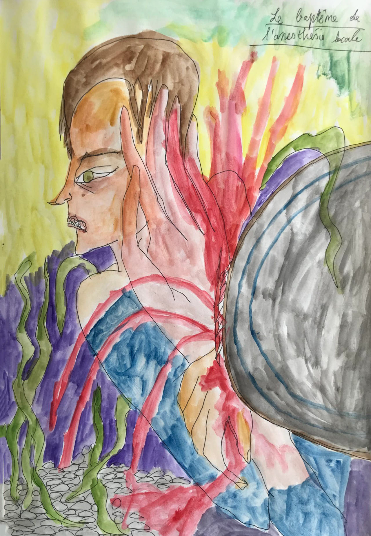 Le baptême de l'anesthésie, aquarelle et stylo, 21 x 29,7 cm