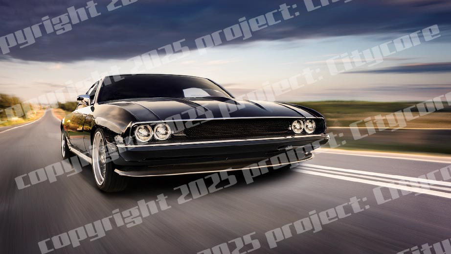 cool, shiny muscle cars, black, red and green. Fast cars racing on open roads, city life street racing vibes. Muscle cars. Citycore