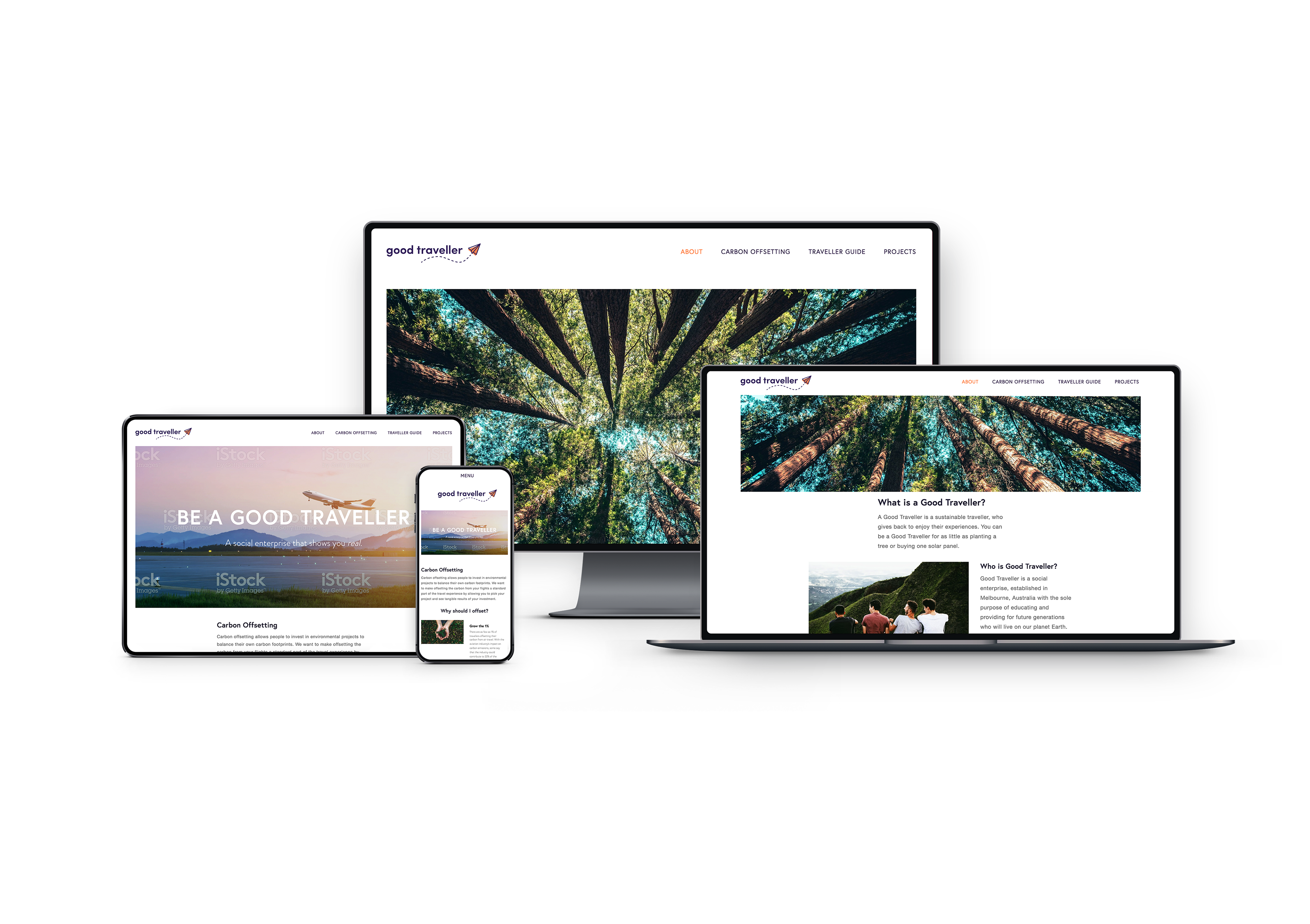Good Traveller Project; website. Website page mockups across devices.