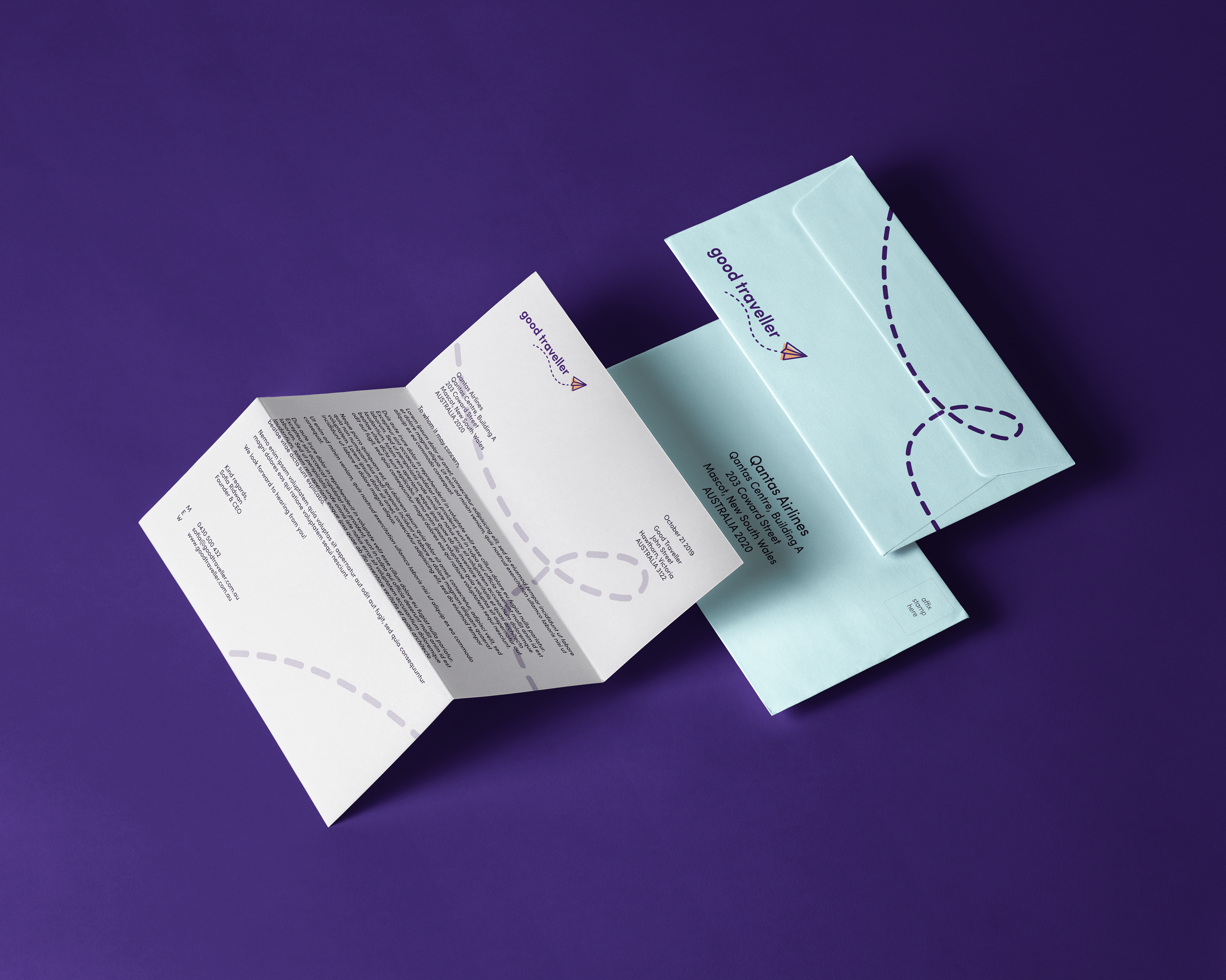 Good Traveller Project; branding. Mailing and letterhead stationery mockup.