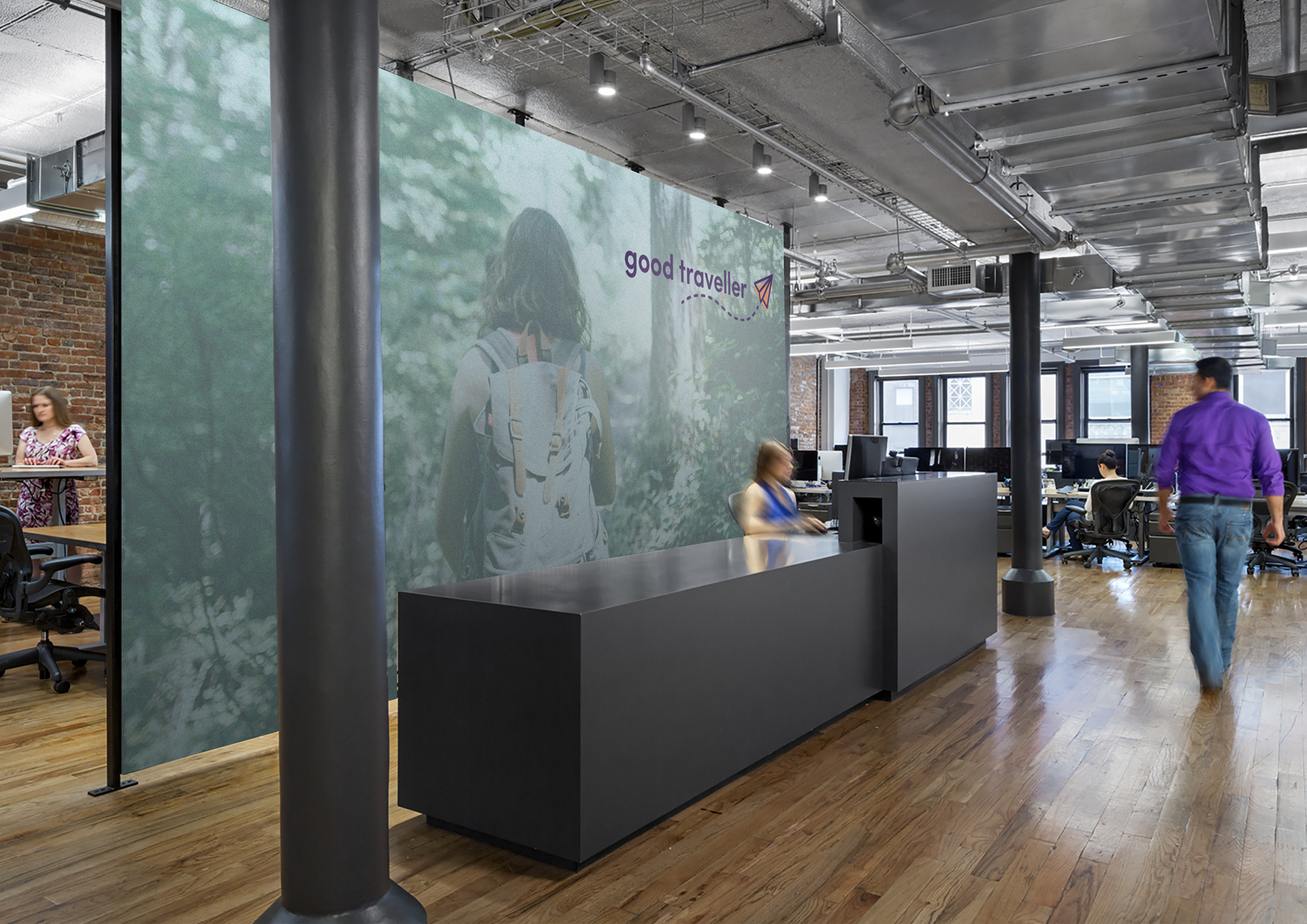 Good Traveller Project; branding. In-office space mockup.