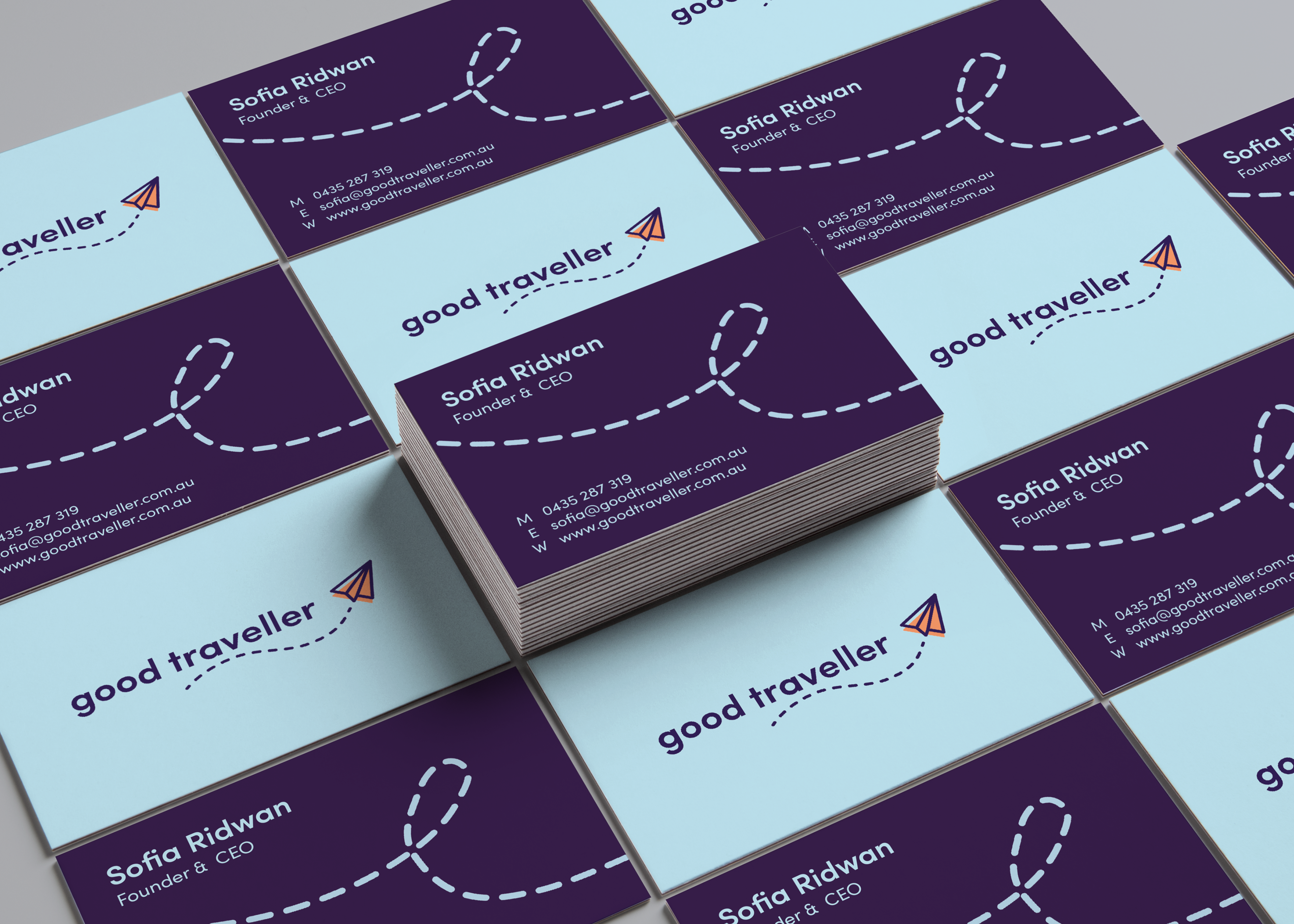 Good Traveller Project; branding. Business card stationery mockup.