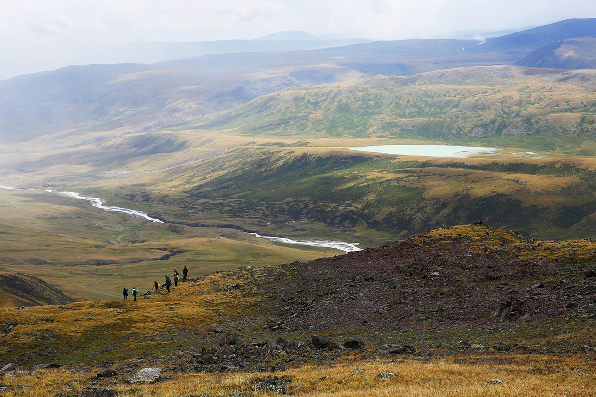 Hikers take in the view in Western Mongolia.