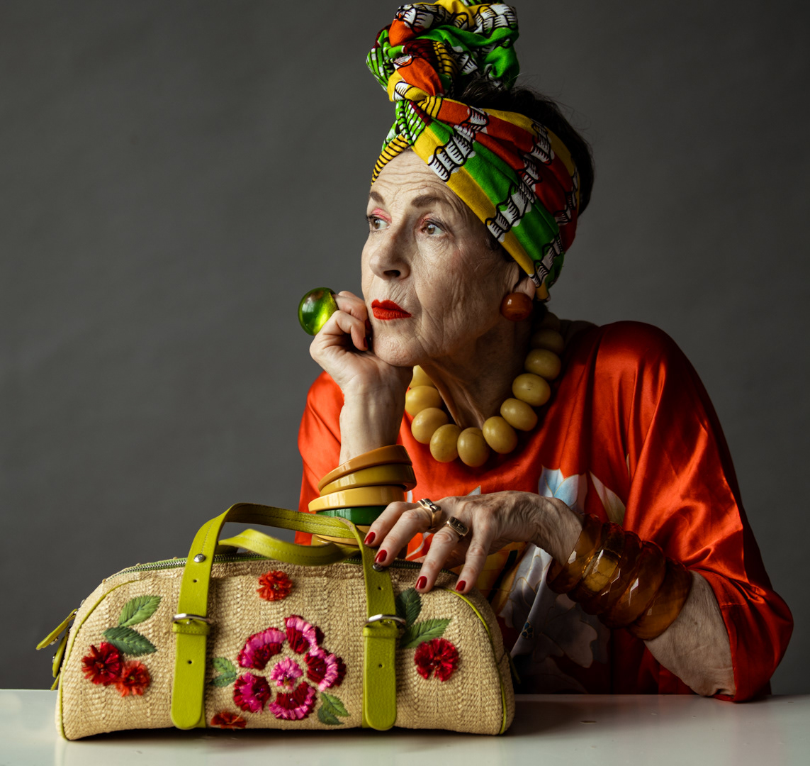 Tziporah Salamon models a vintage handbag