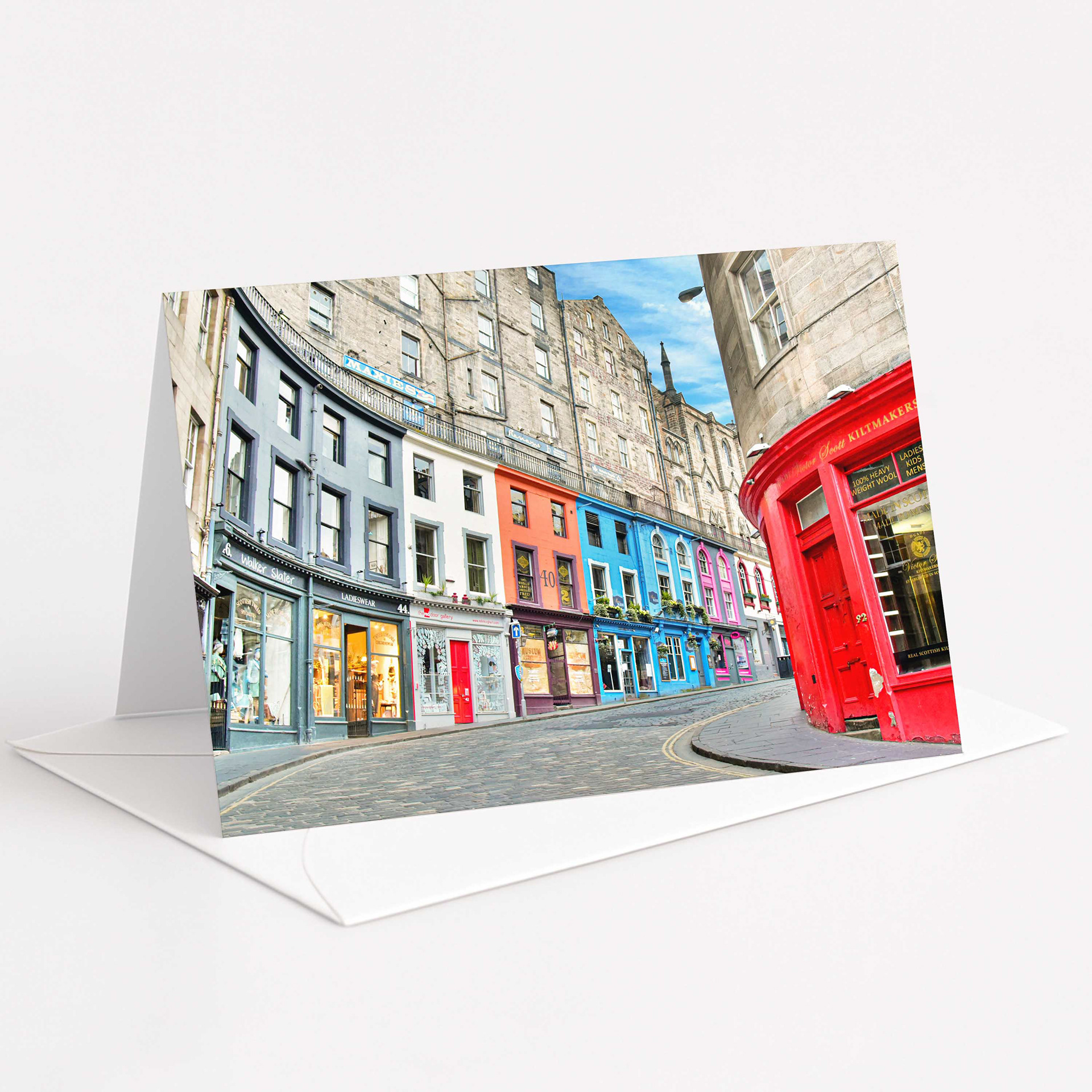 An image of Victoria Street, Edinburgh on a greetings card. 