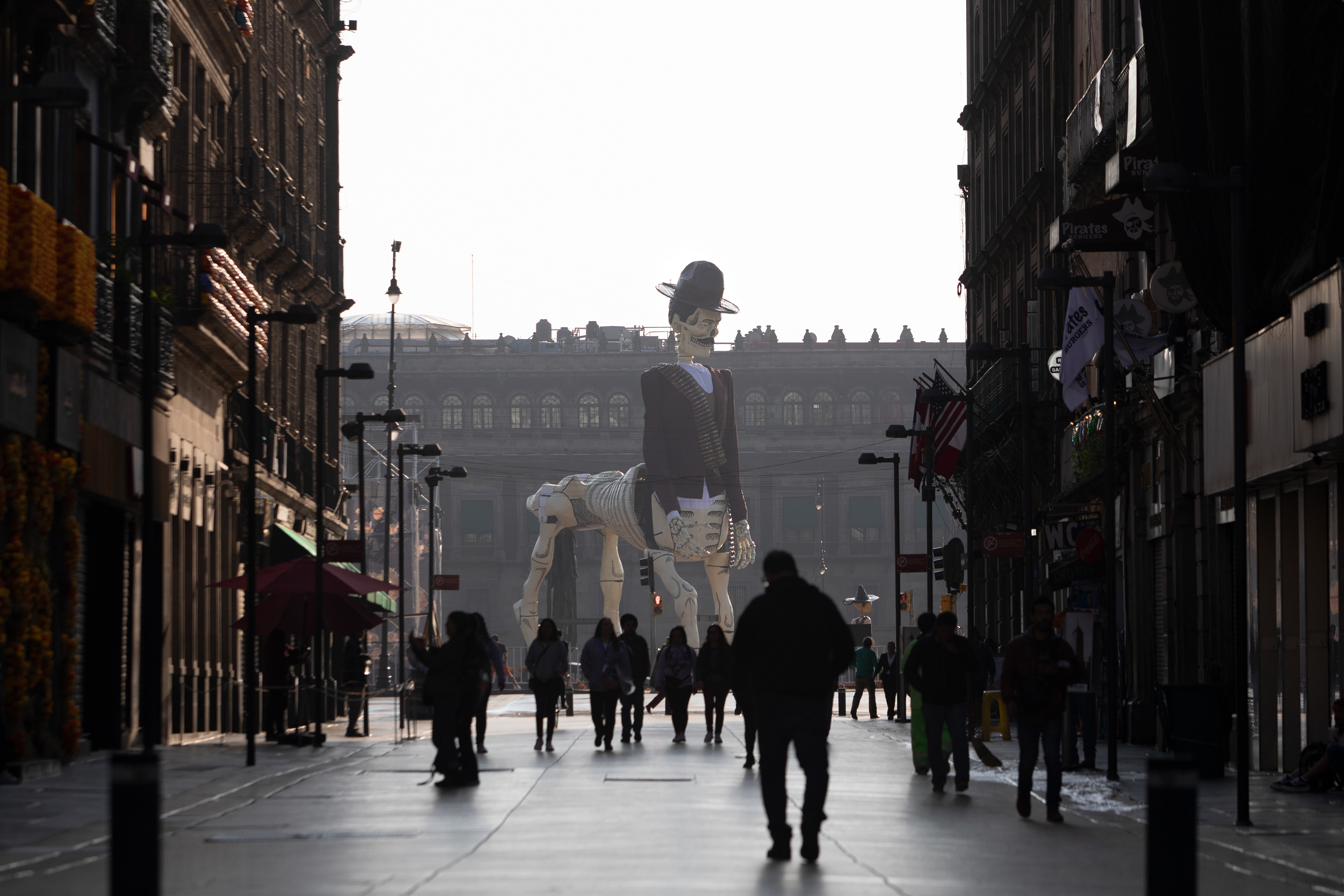 The giant figure representing Pancho Villa is the protagonist in the monumental Day of the Dead offering in the Zócalo of Mexico City.