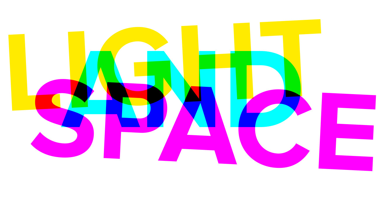 Graphic of the words, Light, And, Space in the colours yellow, cyan and magenta 