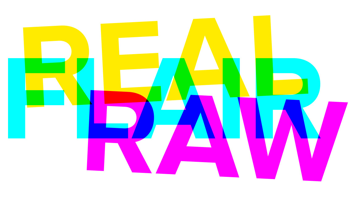 Graphic of the words, Real, Flair and Raw in the colours, yellow, cyan and magenta.