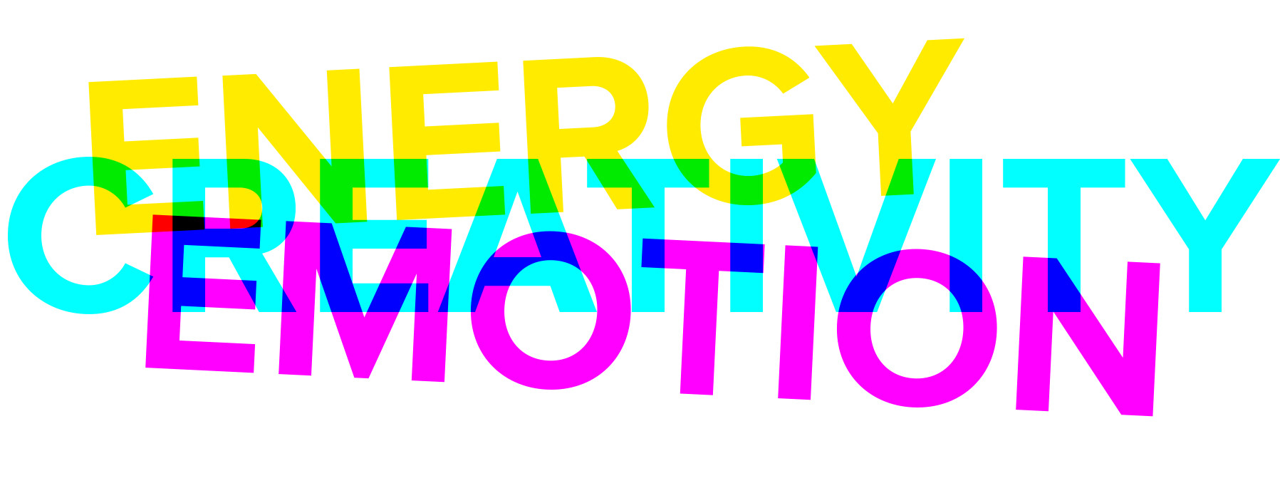 Graphic of the words energy, creativity and emotion in the colours yellow, cyan and magenta