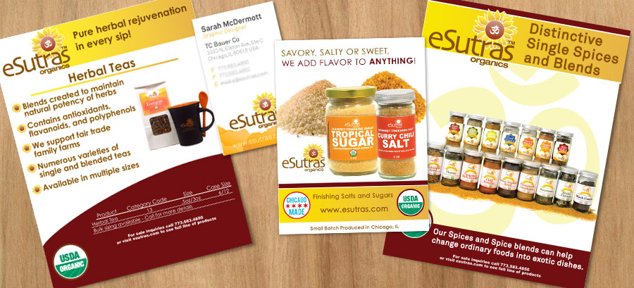 eSutras Organics business card and sale sheets