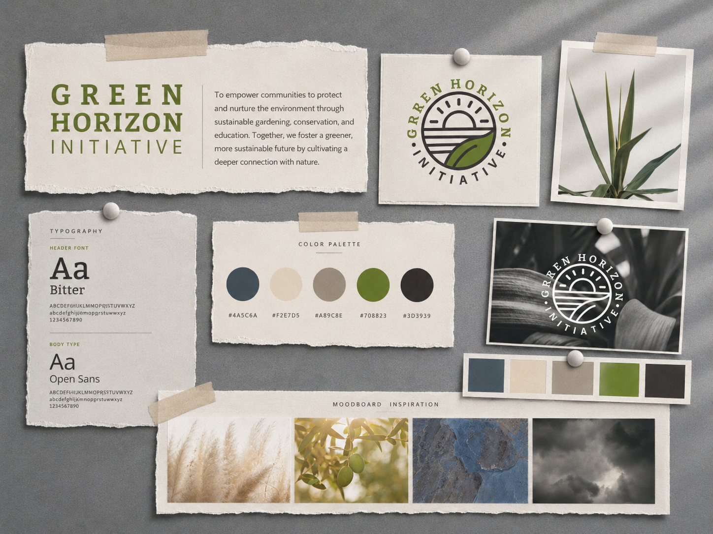 Established the visual direction for Green Horizon Initiative through an earthy color palette, natural textures, botanical imagery, and a soft editorial presentation style.
