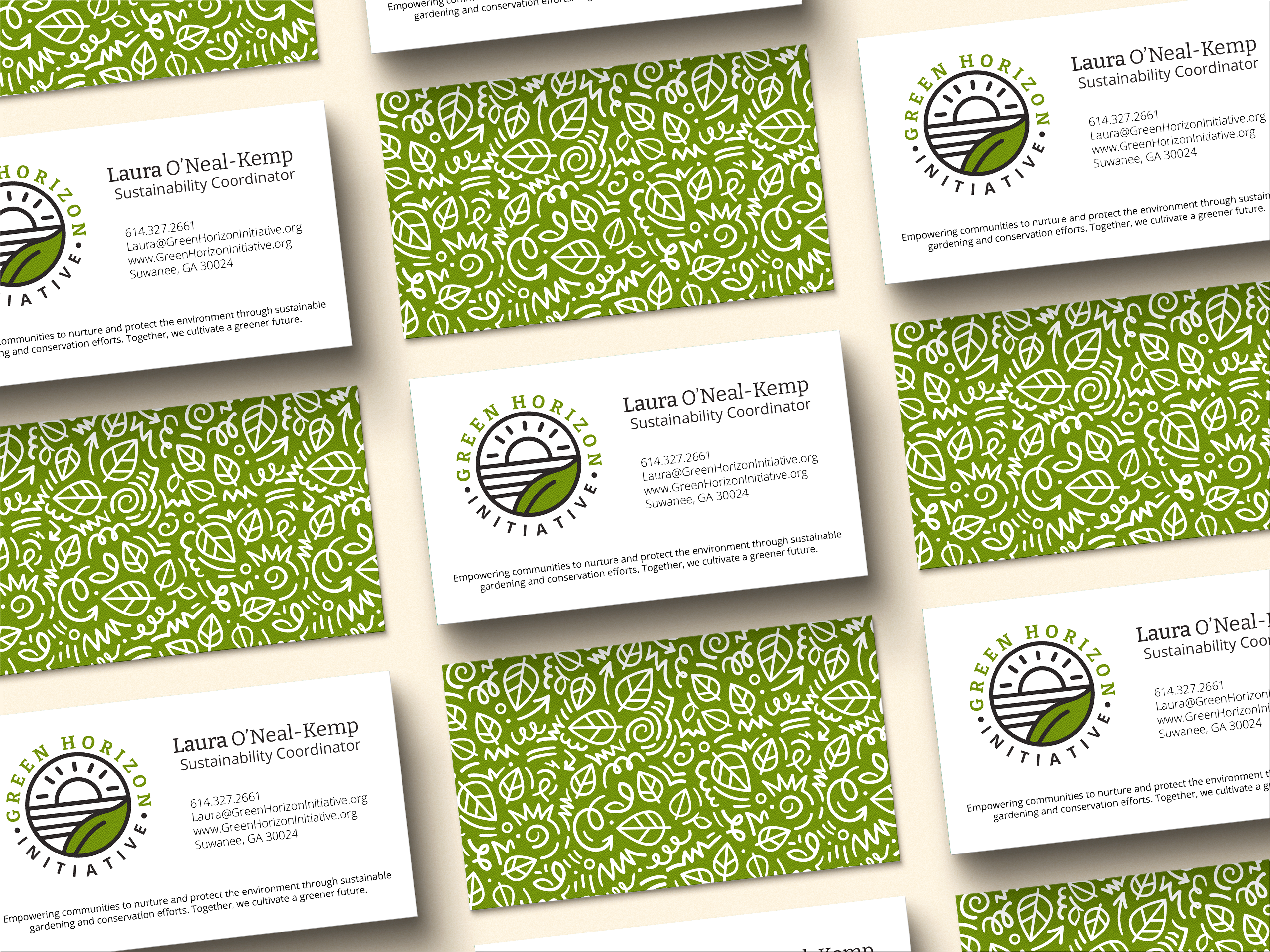Applied the identity system to business cards, pairing the circular logo with a custom botanical pattern to create a professional and memorable brand touchpoint.
