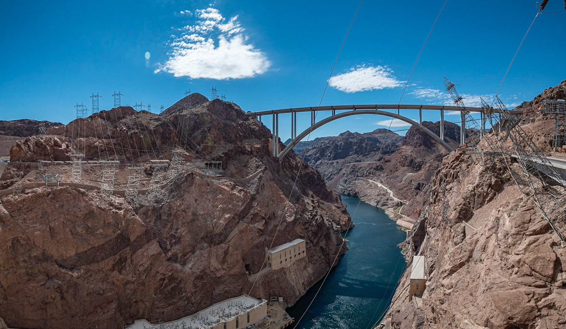 The Colorado river, main source of water, flowing downstream. Power lines feeding the grid.