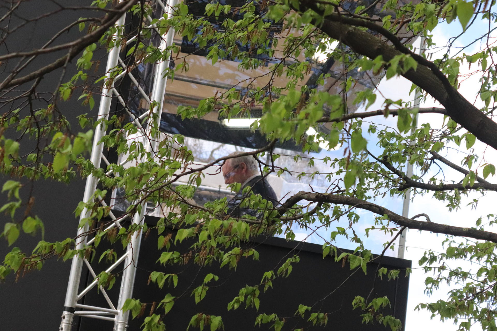 Adam Boulton in the Sky News temporary studio on College Green, London