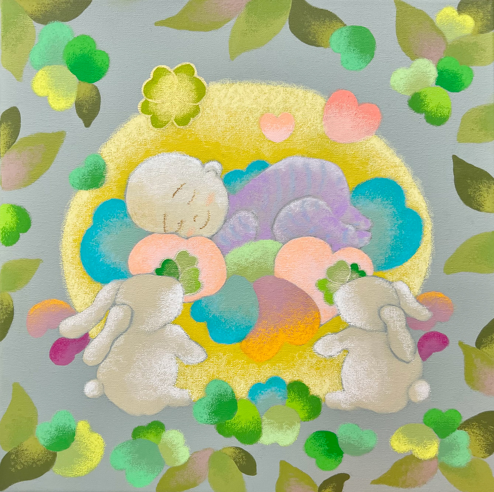 Lucky baby, Acrylics and Oil pastel on Canvas (2024), 16 X 16 inch
