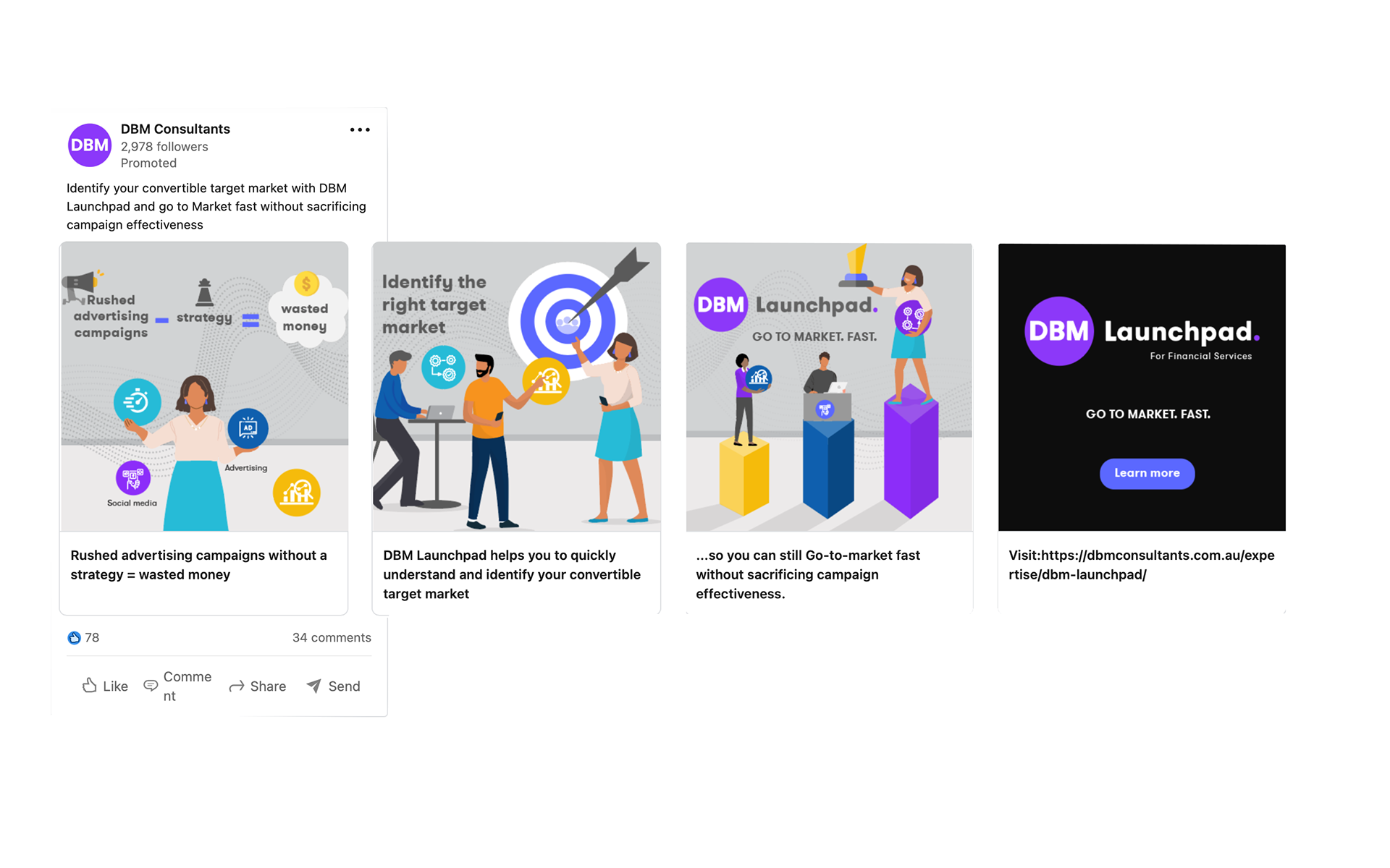 DBM Consultants: Illustrations for digital content- Product: DBM Launchpad- Sponsored advert. LinkedIn carrousel.