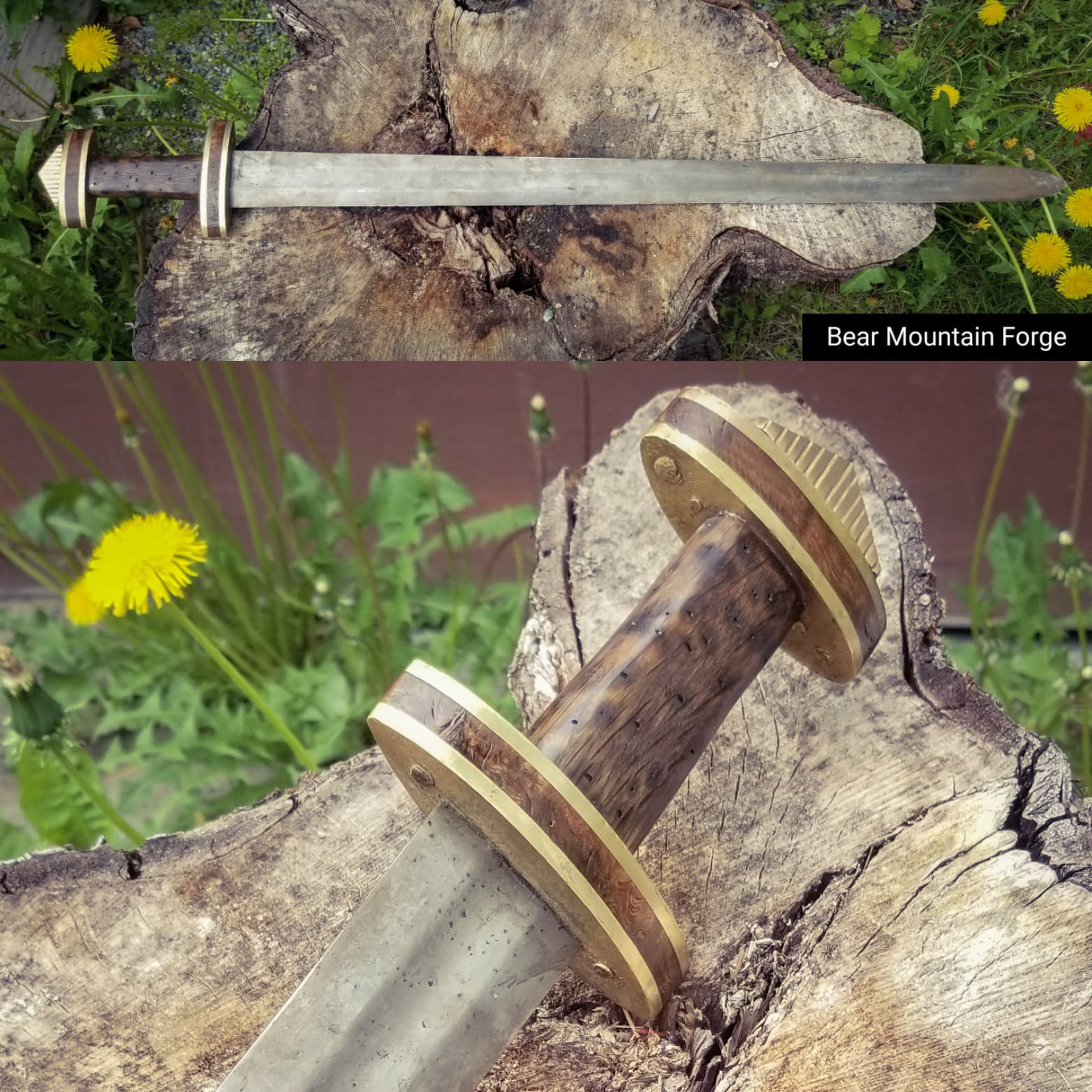 Migration sword is finished and ready for shipping. This has a story behind it. I built this with patina in the handle to match the blade. I did the weapons for the braveheart follow up called "Robert the Bruce" starring Angus Macfayden, Jared Harris, Zach McGowan and Anna Hutchinson, this blade was a hero blade used in the film. I kept all the original patina and edge damage that it took during the fight sequences. The blade was retired and I rehilted it when I got home. Overall Length is 36", blade is 30", weight is 2 lbs 13 ounces with a POB of 6" from guard. Materials are brass and oak burl with a bronze pommel cap, handle is diver salvaged oak from Lake Superior, historical construction with rivets and the pommel cap riveted on over the peen.