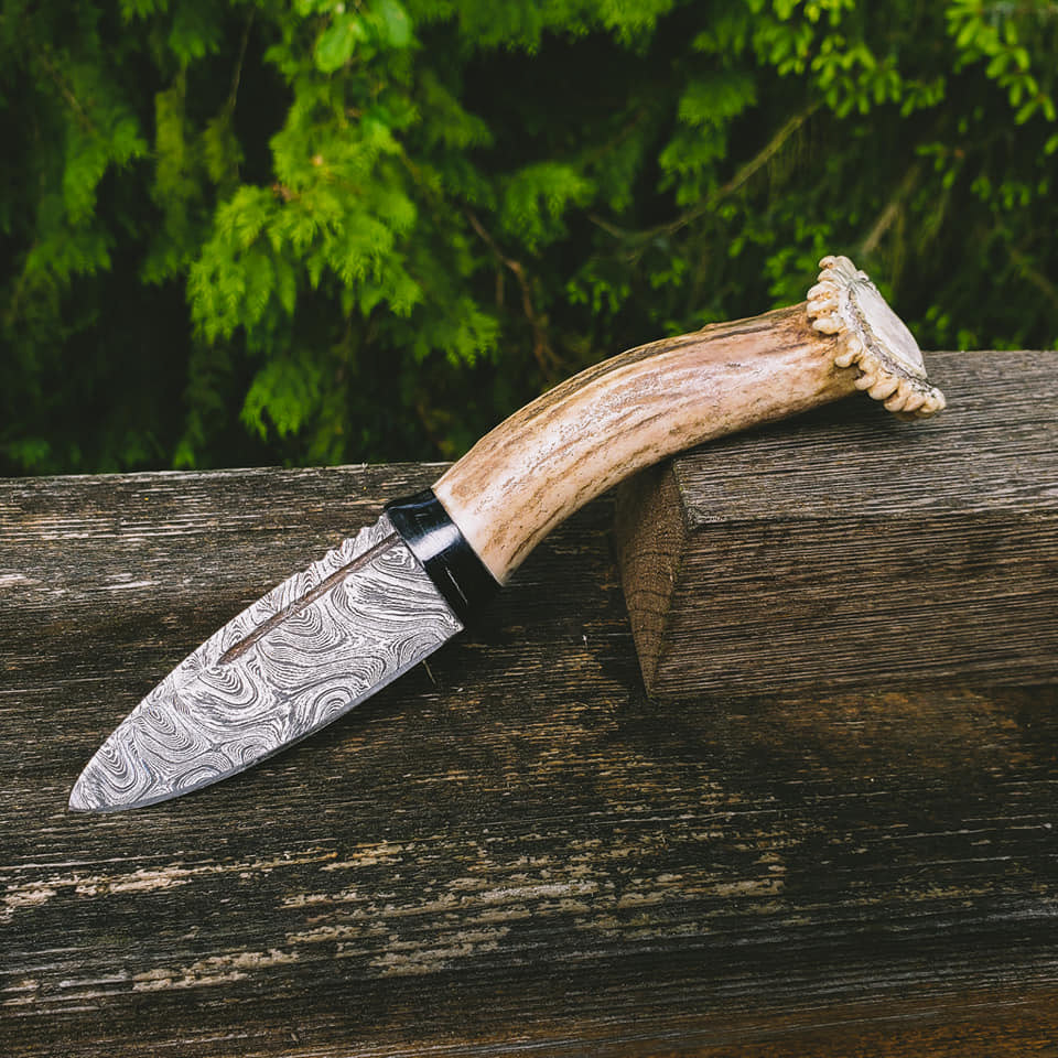 Sgian dubh, 1084/15n20 blade, horn bolster, and sitka blacktail deer crown