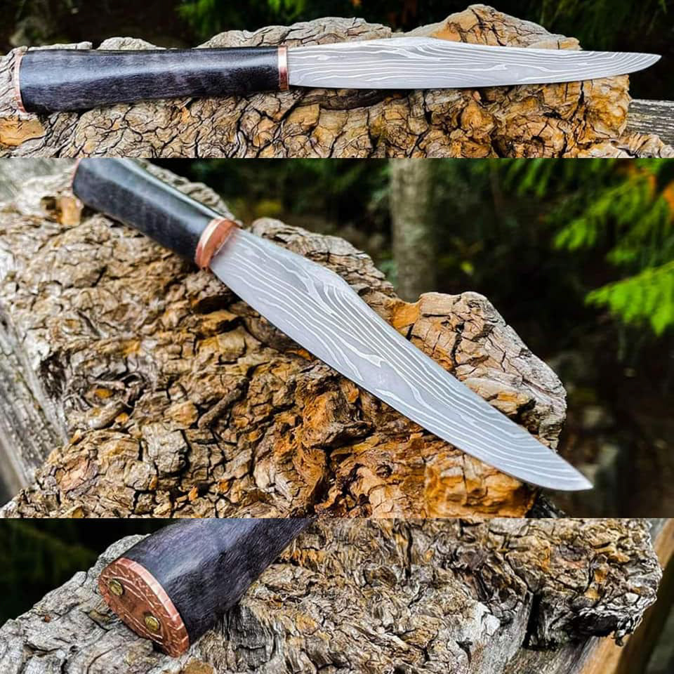 Seax with 1095/15n20 blade, cottonwood burl handle with copper and brass. 11" oal 6 1/8th" blade
