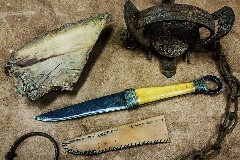 Trap knife, based off knives 1850-1890 in western Canada. Alaskan Cypress wood with twine