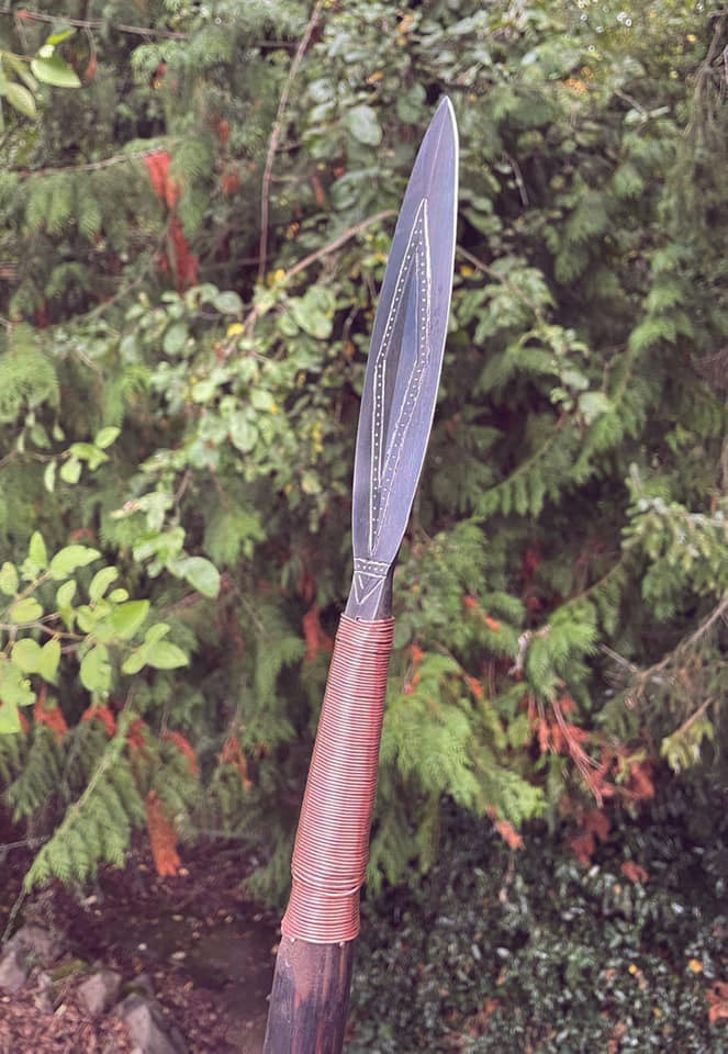 Anglo-Saxon inspired throwing spear. 54.25" oal, 6.5" blade, (10.25" spear head oal). Ash staff, 1075 spear blade, mild steel socket forge welded on with a copper wrap and silver pins.