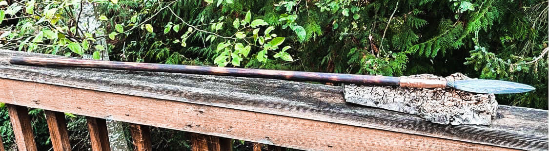 Anglo-Saxon inspired throwing spear. 54.25" oal, 6.5" blade, (10.25" spear head oal). Ash staff, 1075 spear blade, mild steel socket forge welded on with a copper wrap and silver pins.