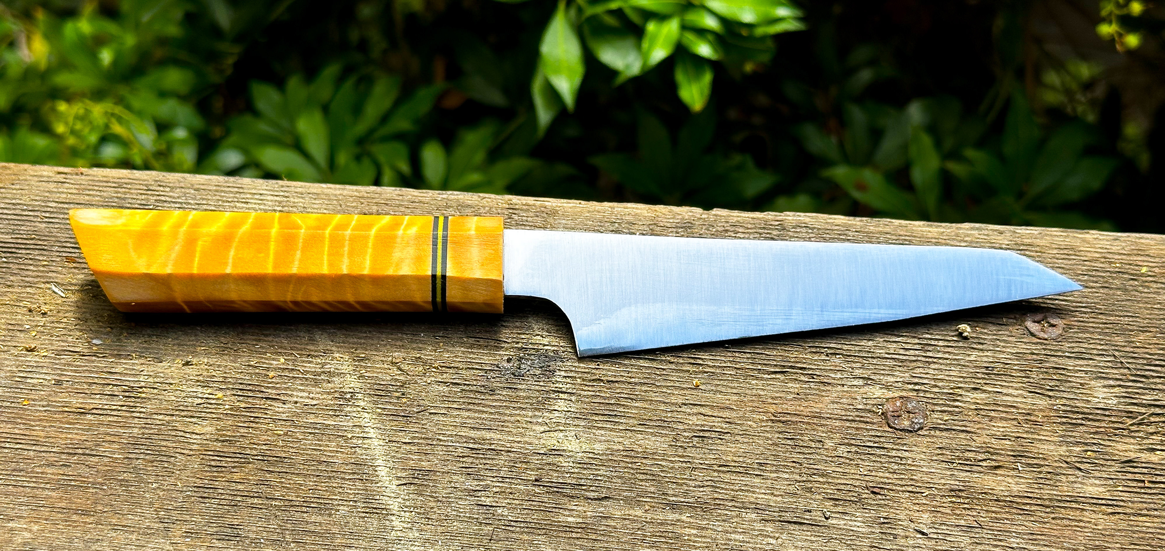 Honsuki Kitchen Knife,1084 blade with cottonwood burl and G10