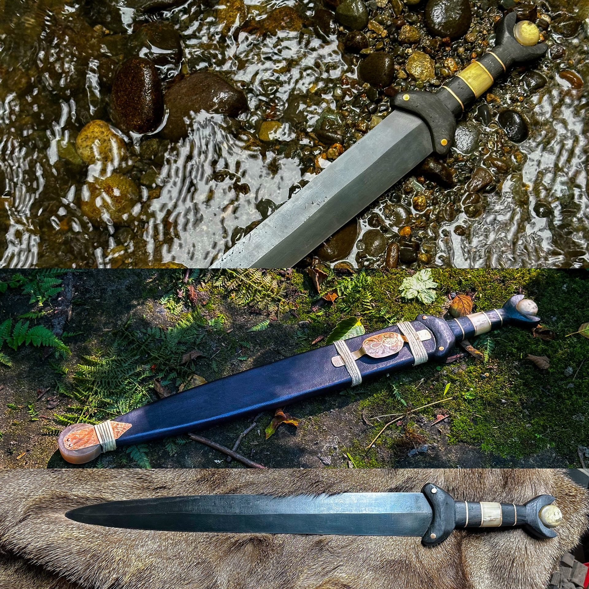 Irish La Tene. pattern welded san mai blade, bog oak and musk ox horn grip