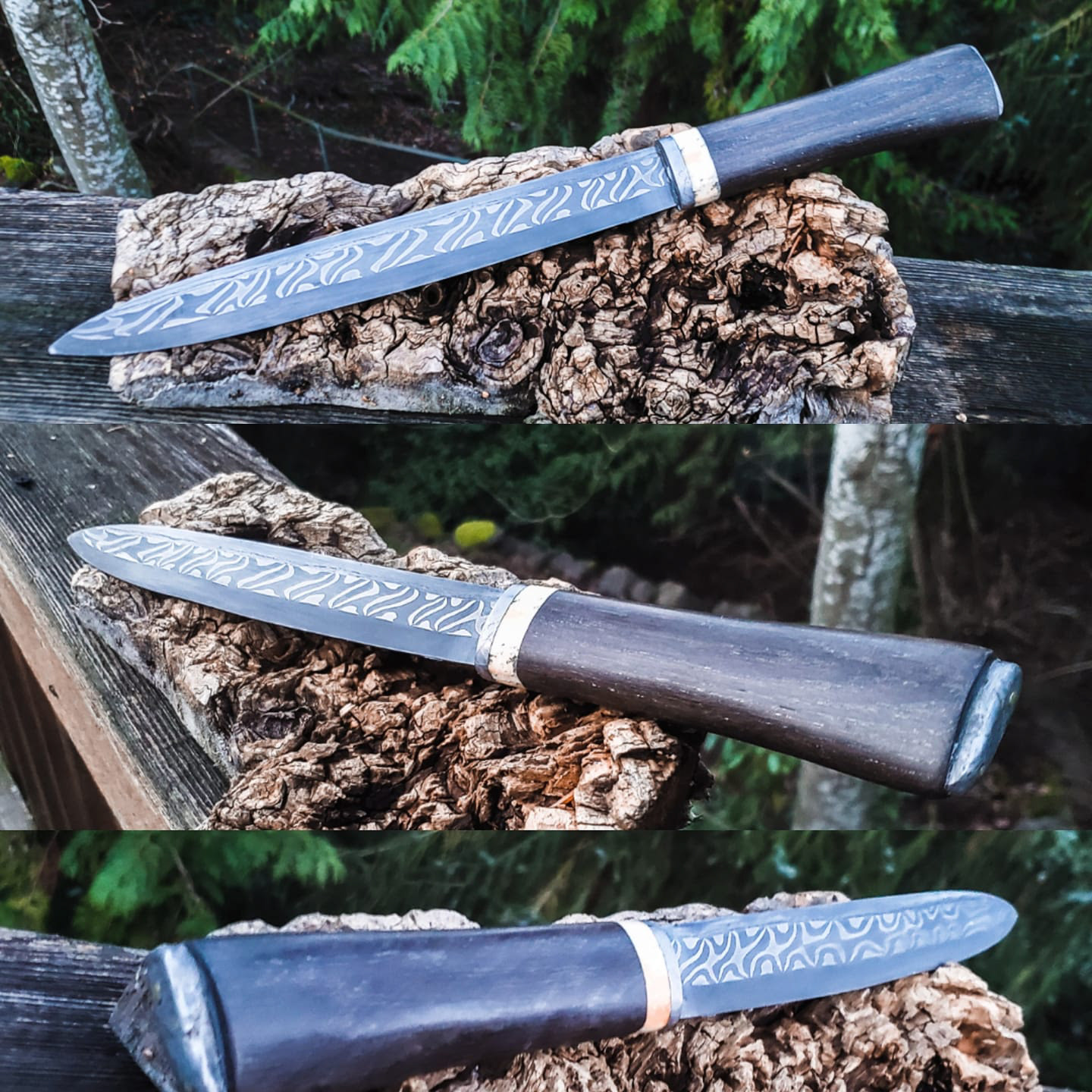 Frankish seax. Blade has a twised core, with a wrought iron spine and a W2 edge. The grip is bogoak, warlus ivory and meteorite